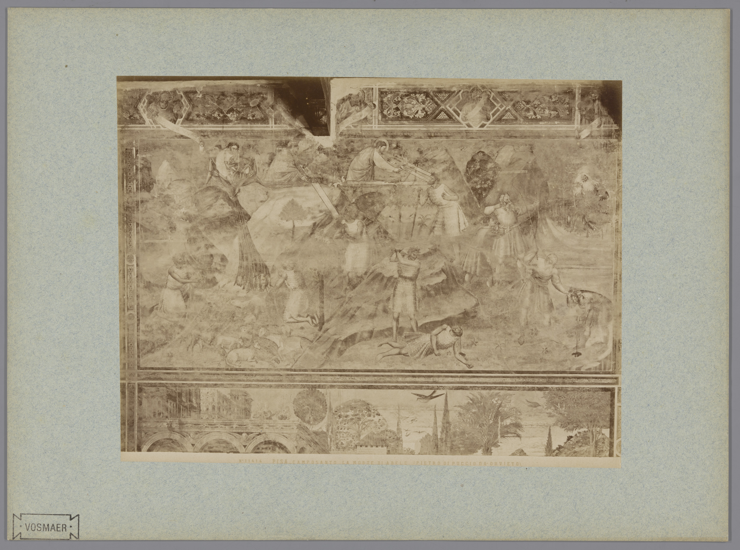 Fotoreproductie van het fresco De dood van Abel naar Piero di Puccio in het Camposanto te Pisa, Italië, by Fratelli Alinari, public domain