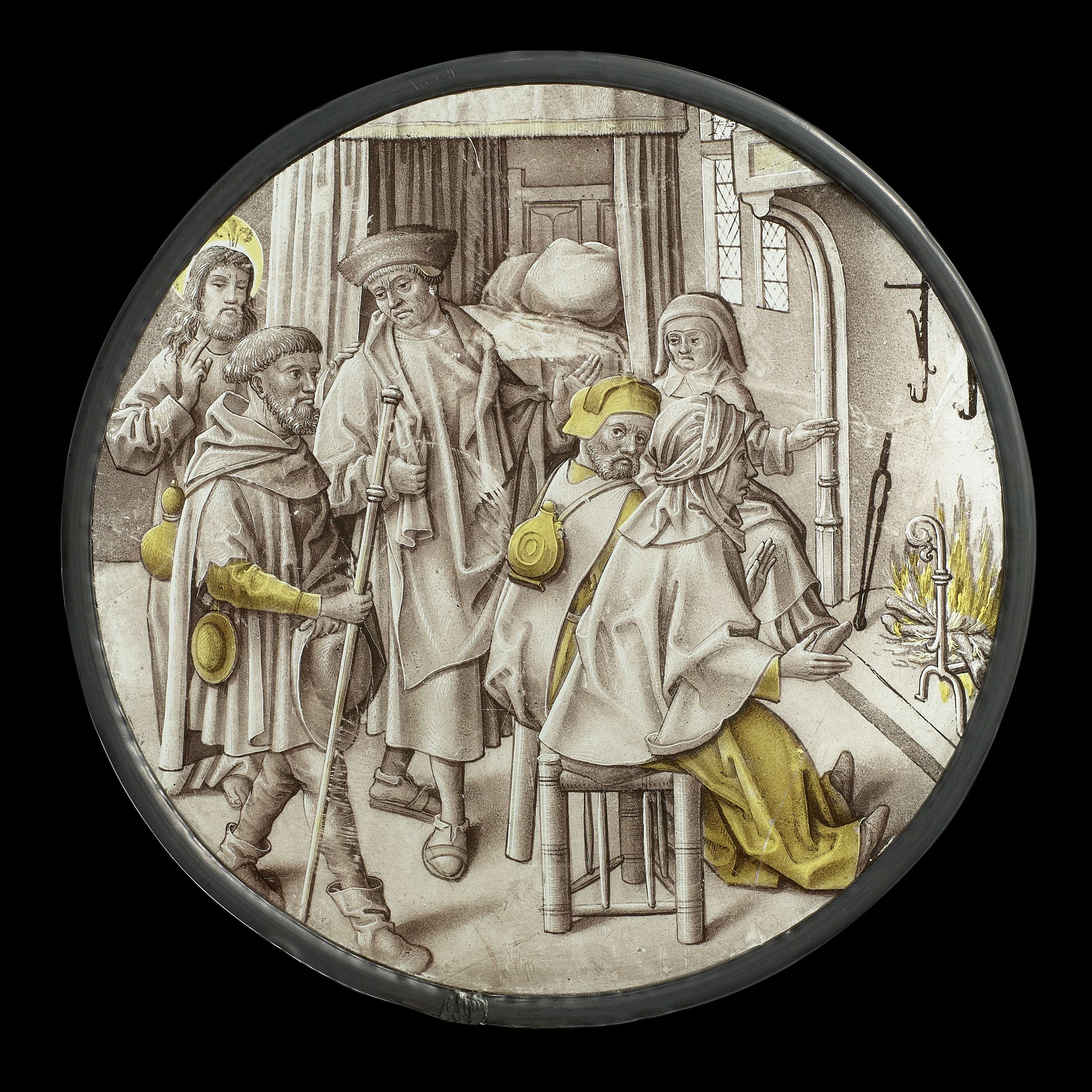 Figurative scene depicting figures sheltering the homeless, lead medium, Unknown Artist