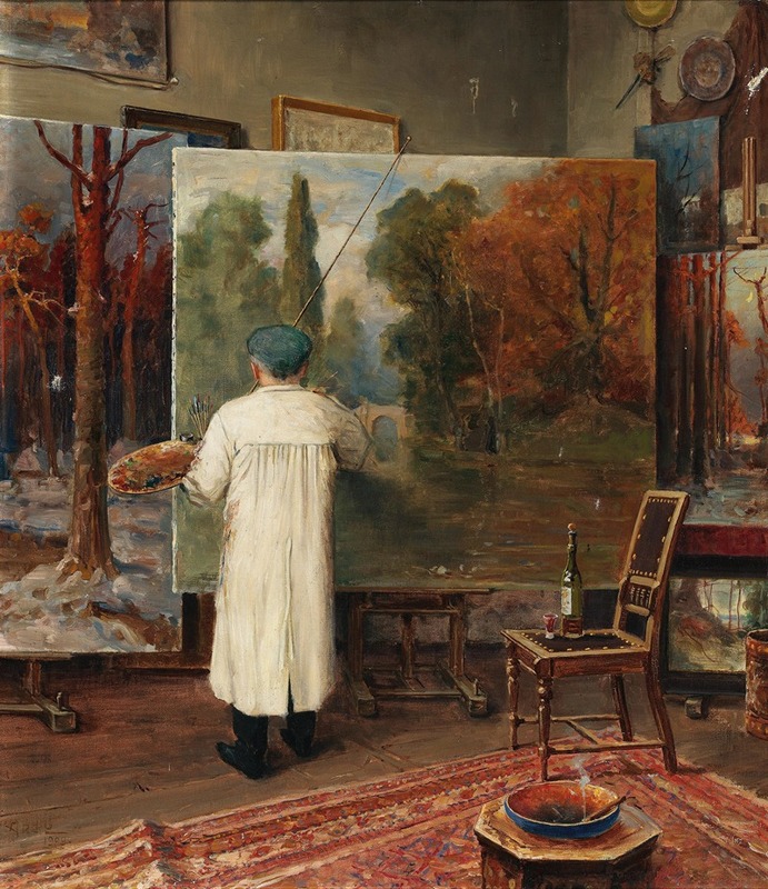 A depiction of an artist's studio filled with various tools and artworks.