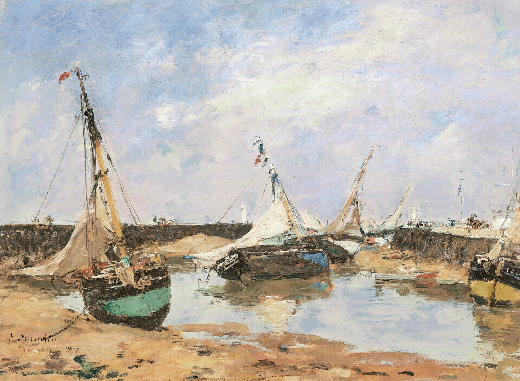 Marine scene with beached boats by Eugène Boudin, oil painting