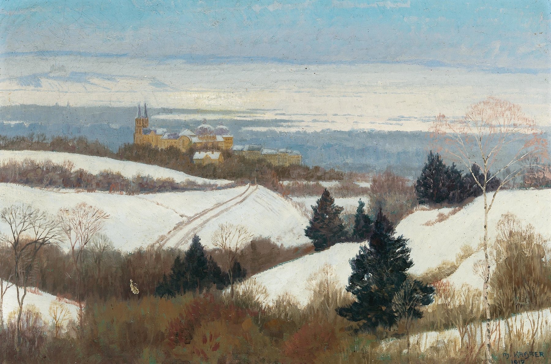 Snowy landscape of Klosterneuburg by Max Kahrer, oil painting