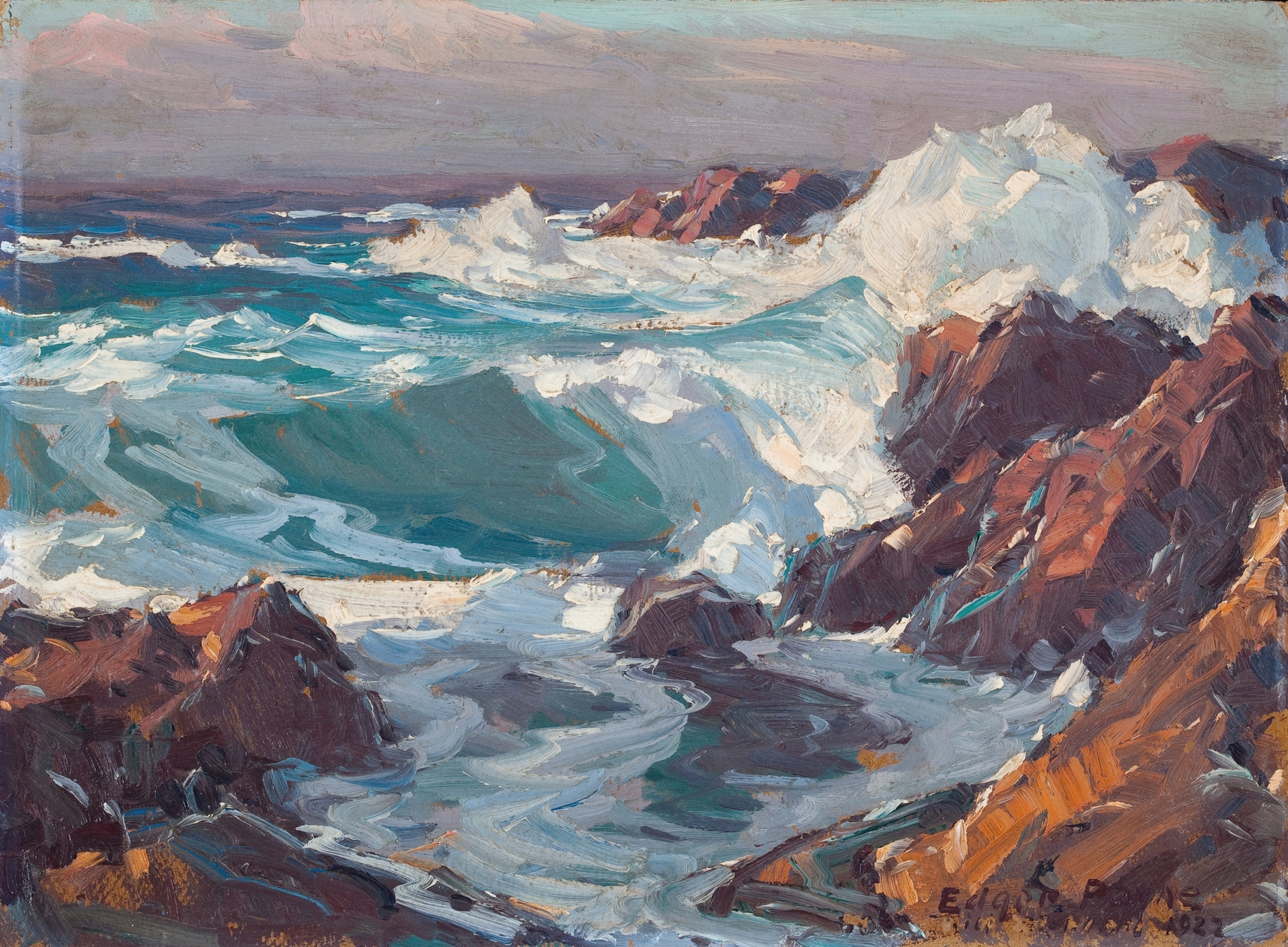 California Sea Scape by Edgar Alwin Payne, oil on canvas depicting a serene marine landscape.