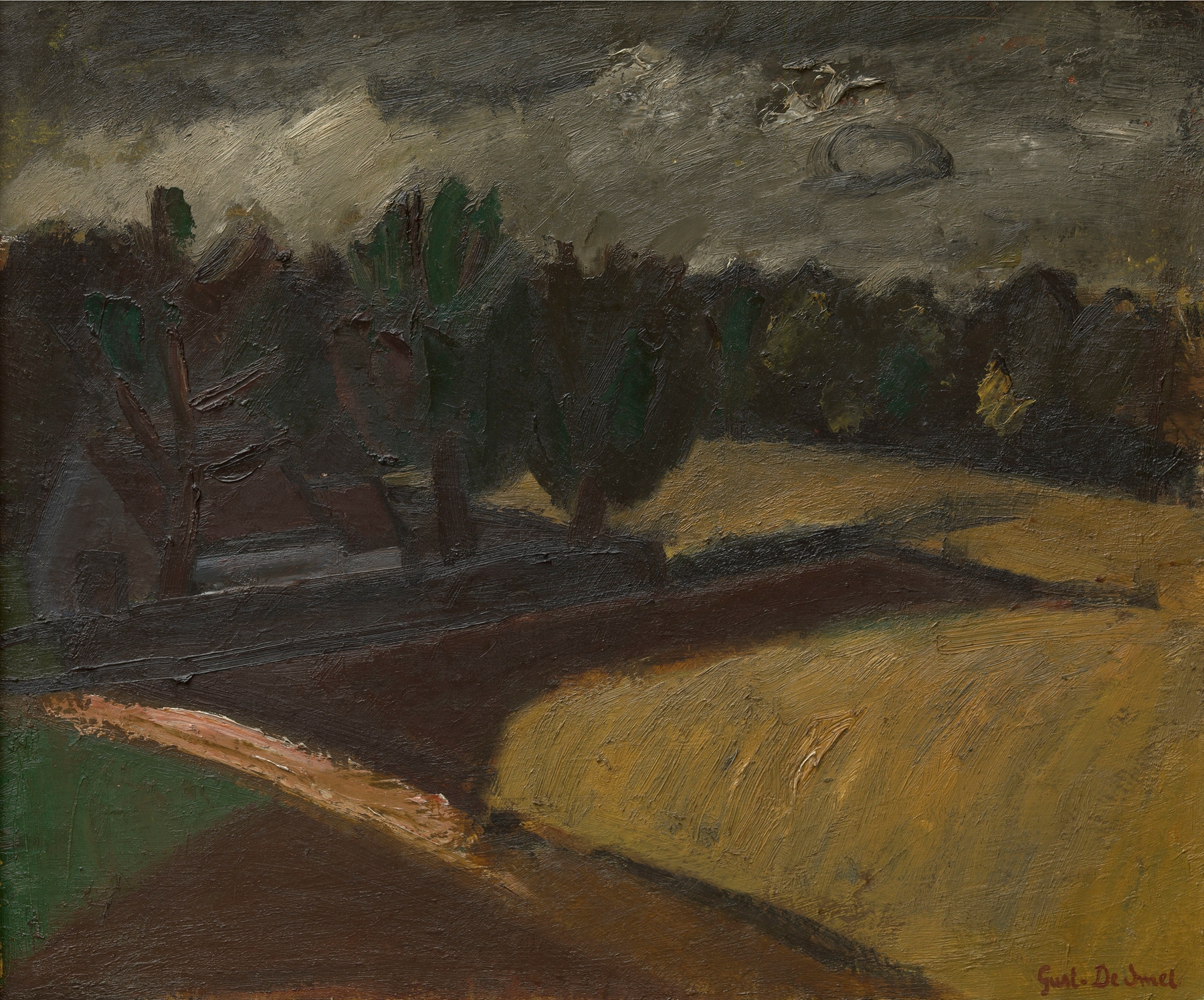 Landscape by Gustave De Smet, oil painting depicting rolling hills, a vast sky, and clouds.