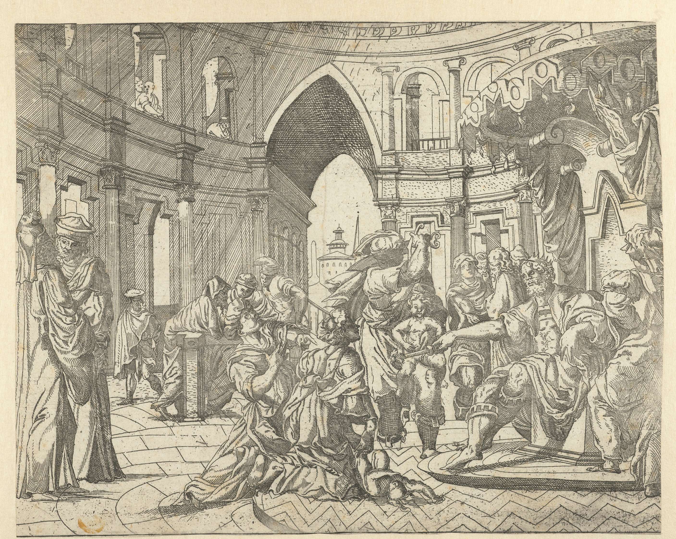 Judgment scene with two mothers and a child, etching by Monogrammist SAF