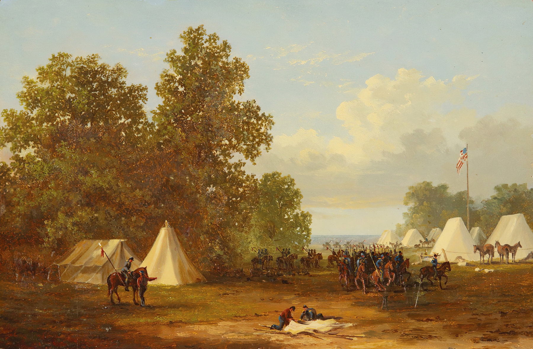 Historical scene of cavalry lancers in an encampment, oil on canvas by Xanthus Russell Smith