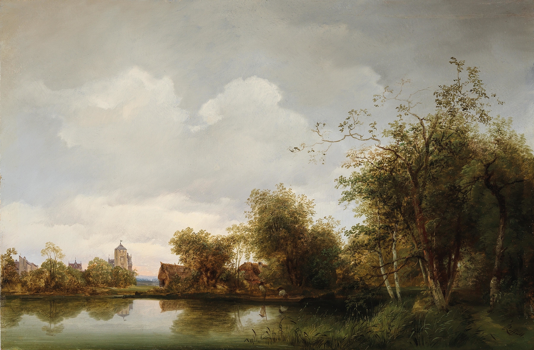 Landscape oil painting by Ignaz Raffalt depicting rolling hills and soft clouds