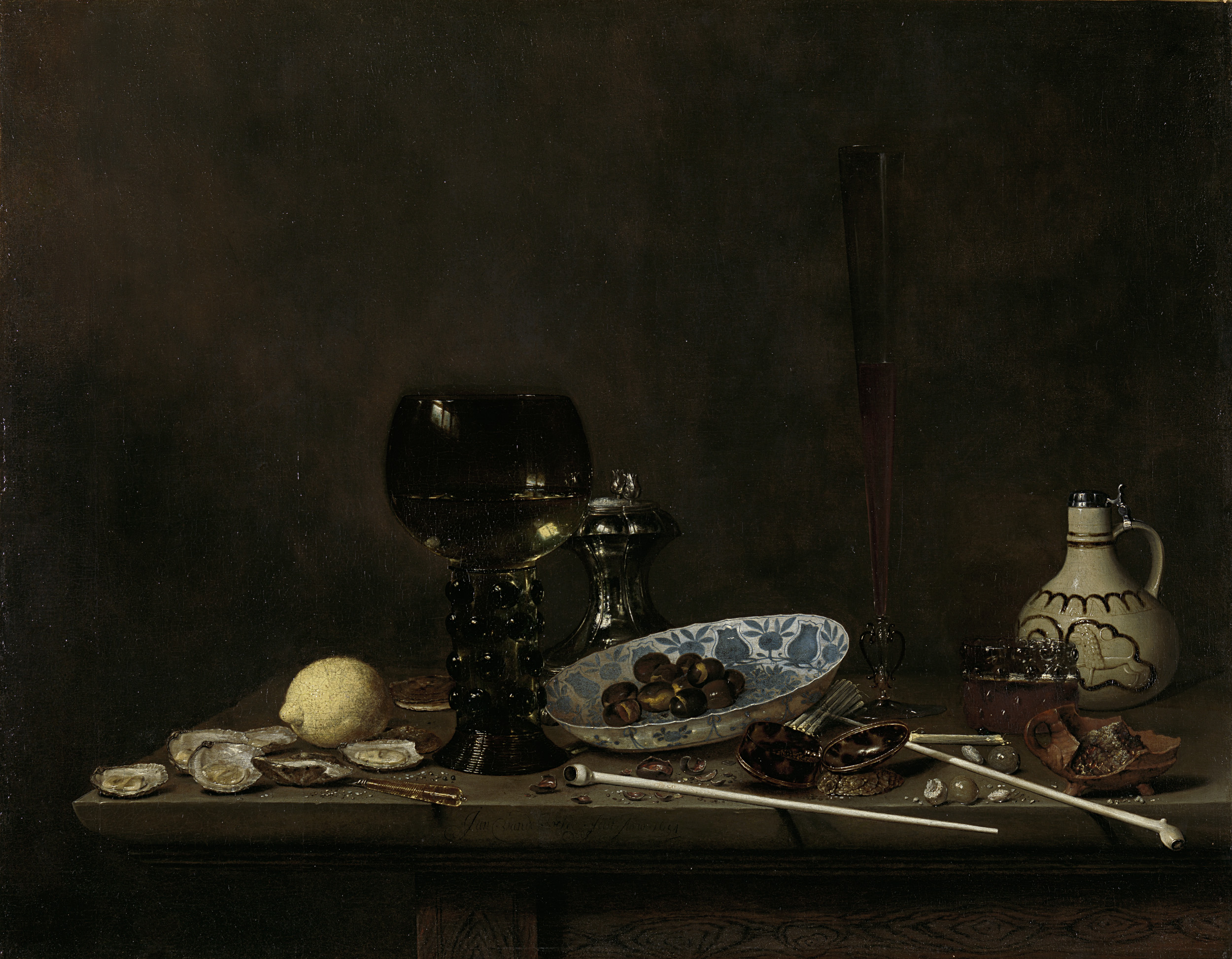 Still life oil painting by Jan Jansz. van de Velde III featuring tobacco, salt, lemon, and olives