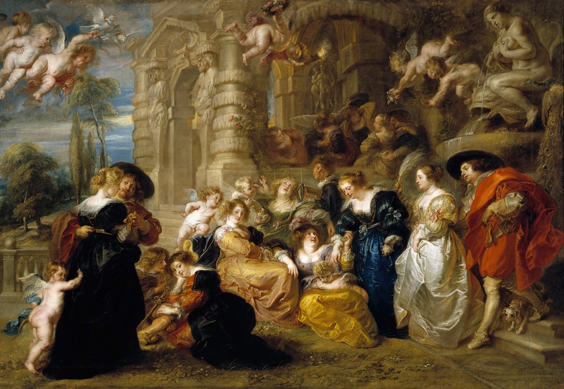 A depiction of love and romance in a lush garden setting.