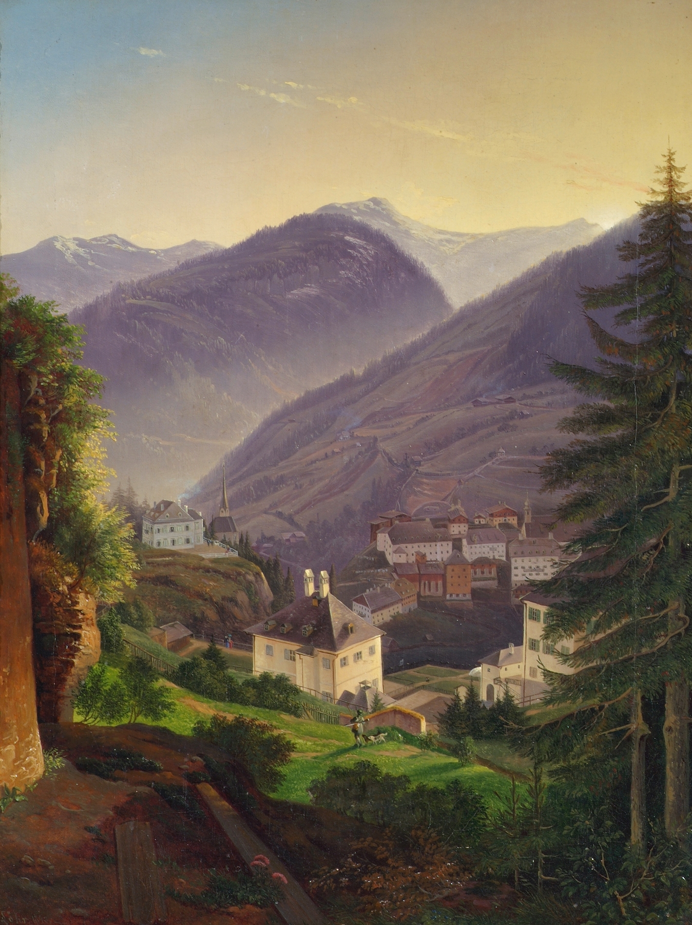 Wildbad Gastein by Emil Ludwig Löhr, oil on canvas depicting mountains and a river.