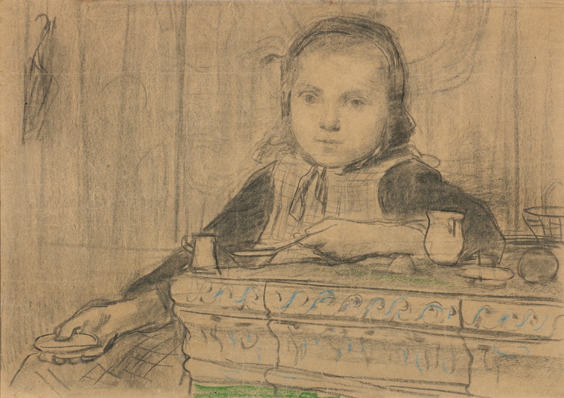 A young girl is depicted cooking at a stove in a cozy interior setting.