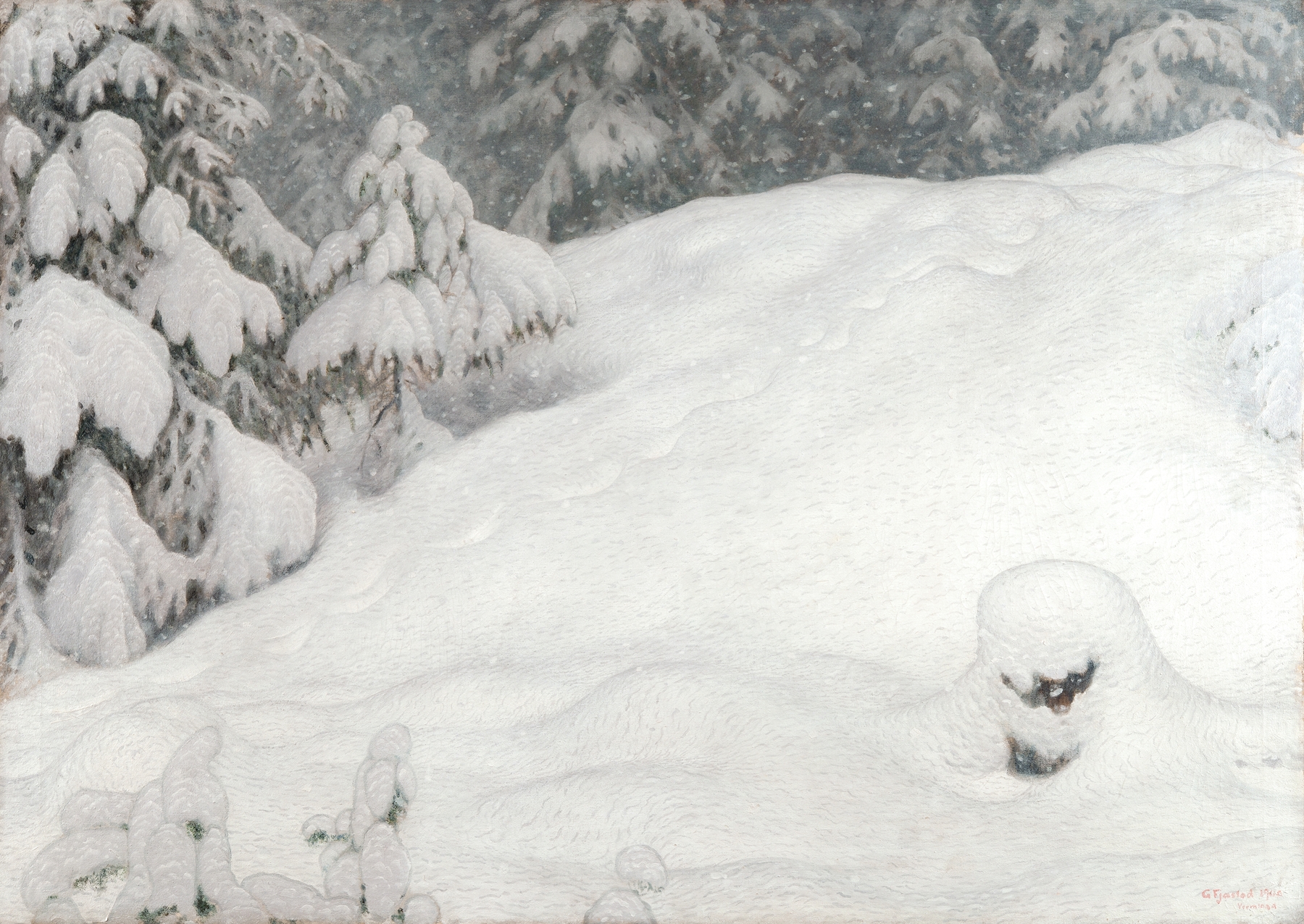 Snow landscape by Gustaf Fjæstad, impressionism, depicting swirling snowflakes.