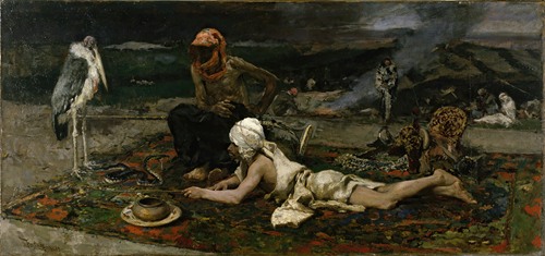 A captivating scene of Hindu snake charmers by Mariano Fortuny Marsal.