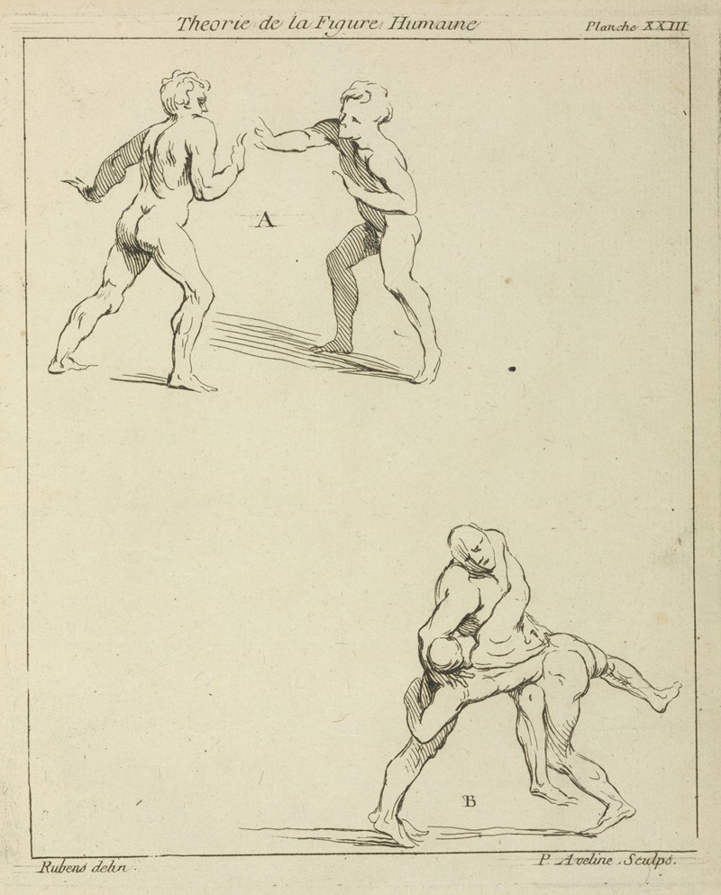 A dynamic composition featuring two pairs of figures, one pair reaching out and the other wrestling.