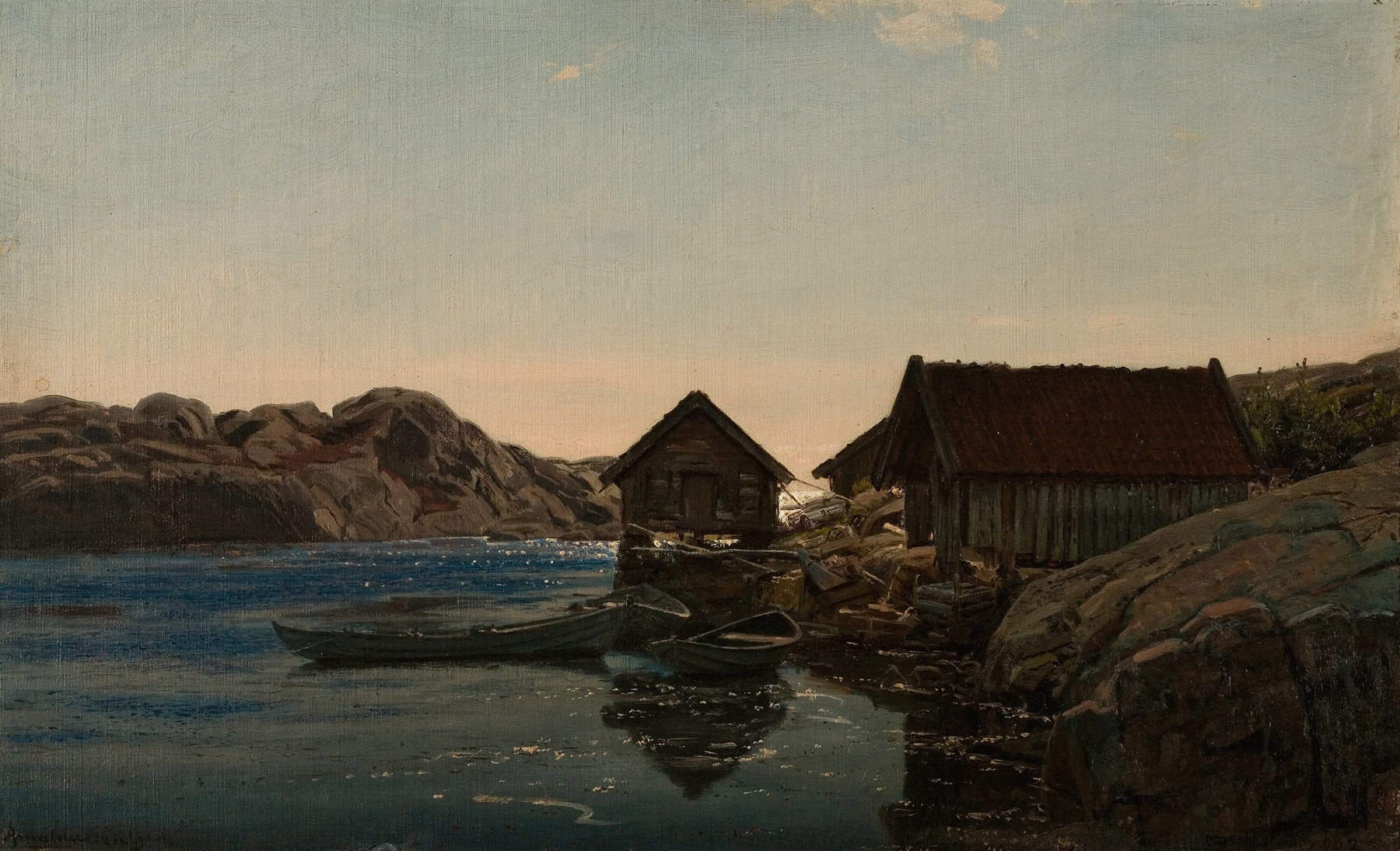 Sjøboder, Lindesnes by Amaldus Nielsen, depicting fishing huts on a rugged shoreline, oil painting
