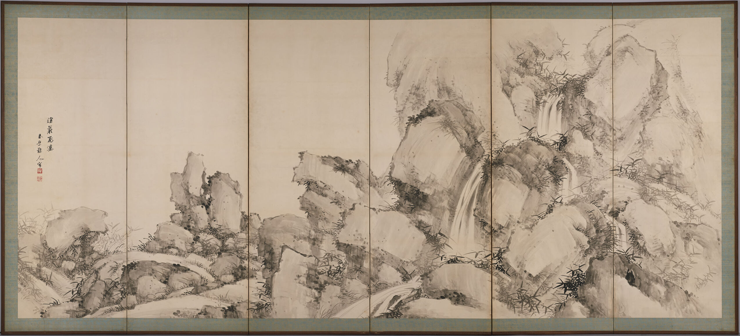 Rushing Water by Uragami Shunkin, ink on paper, depicting tumultuous waves and light.