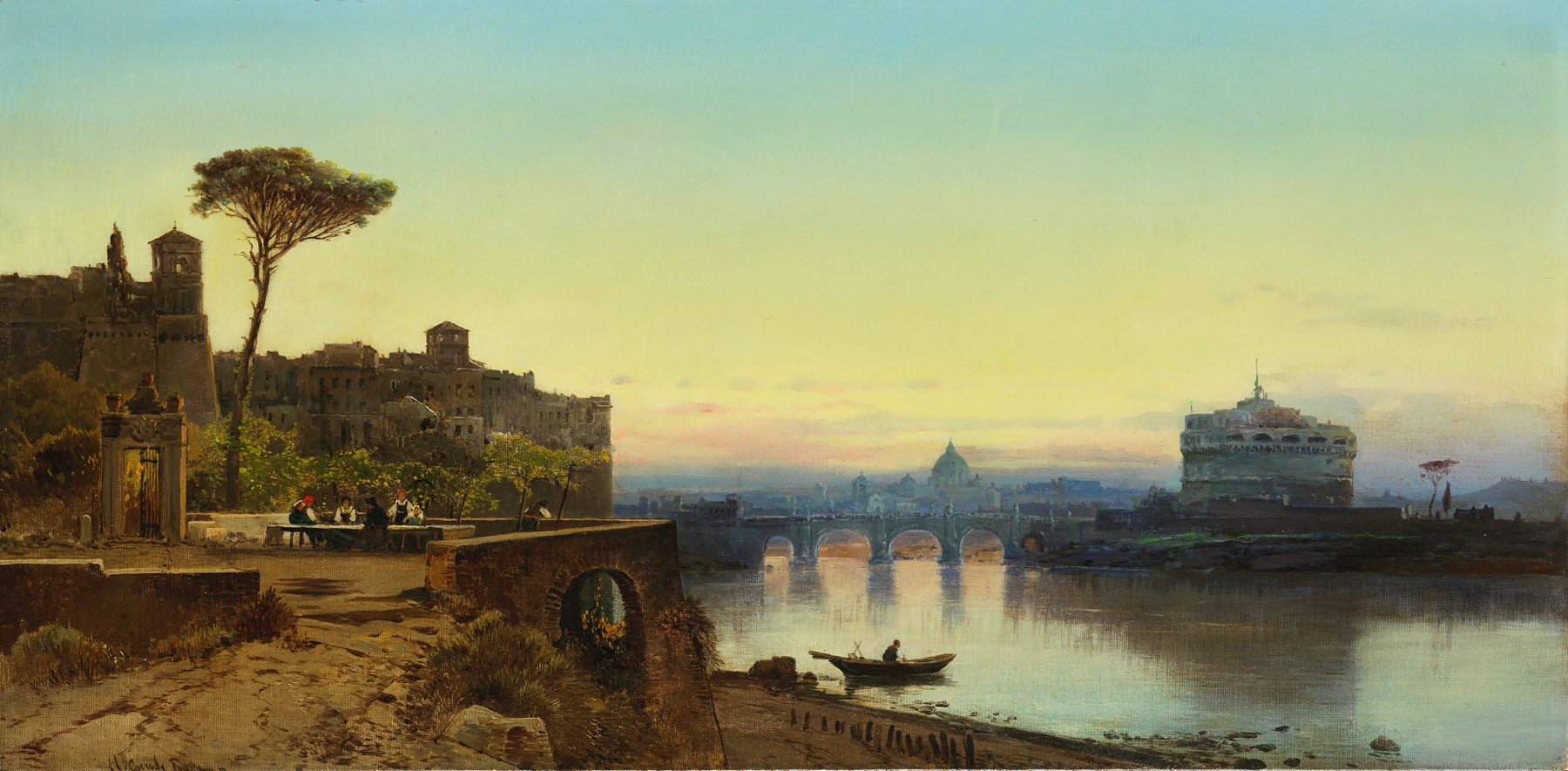 River scene at twilight, oil on canvas by Hermann David Salomon Corrodi