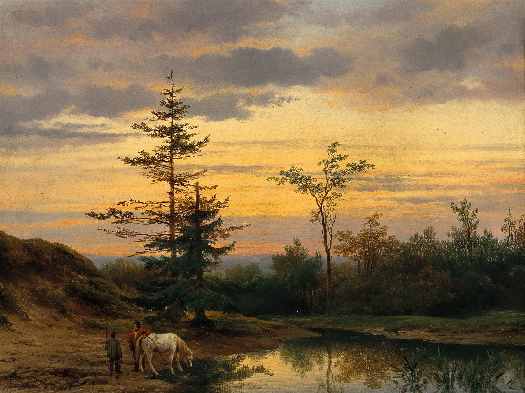 A Summer Evening on the Riverbank by Cornelis Lieste, oil painting depicting a serene river landscape.