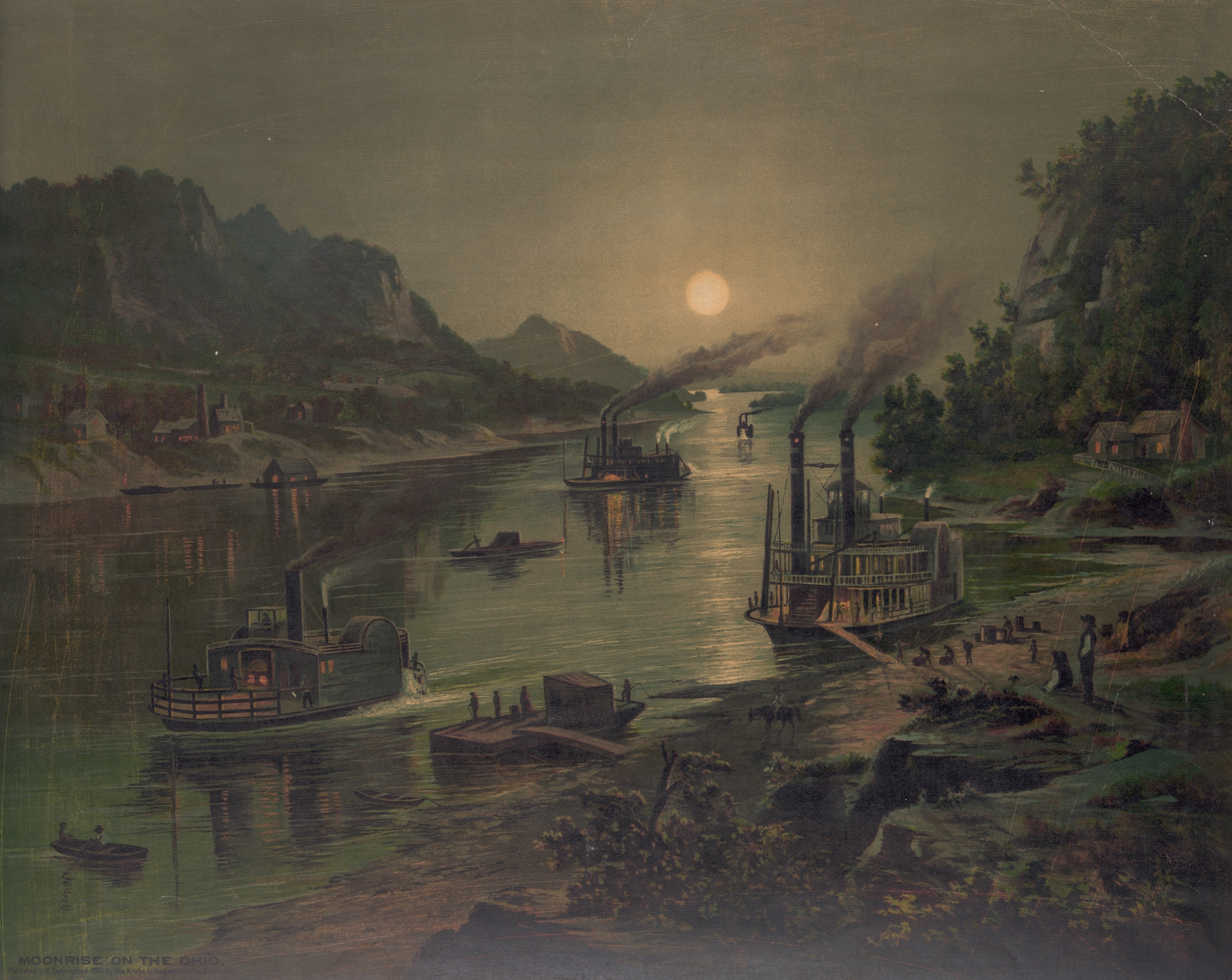 Moonrise on the Ohio, lithograph by Krebs Lith. Co, depicting a river under moonlight.