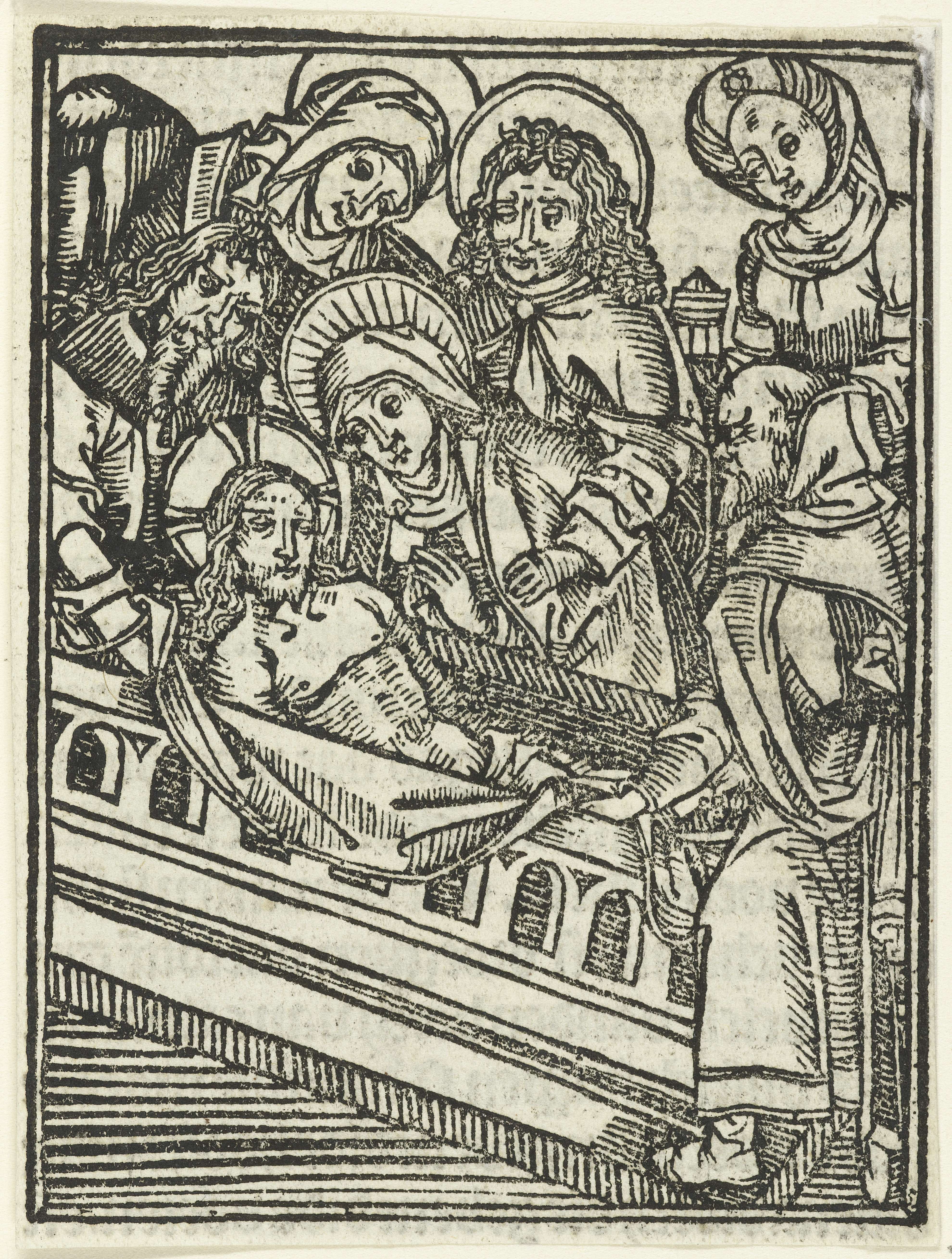 Religious scene with somber figures and gold accents, paper by Meester van de Delbecq-Schreiber-Passie