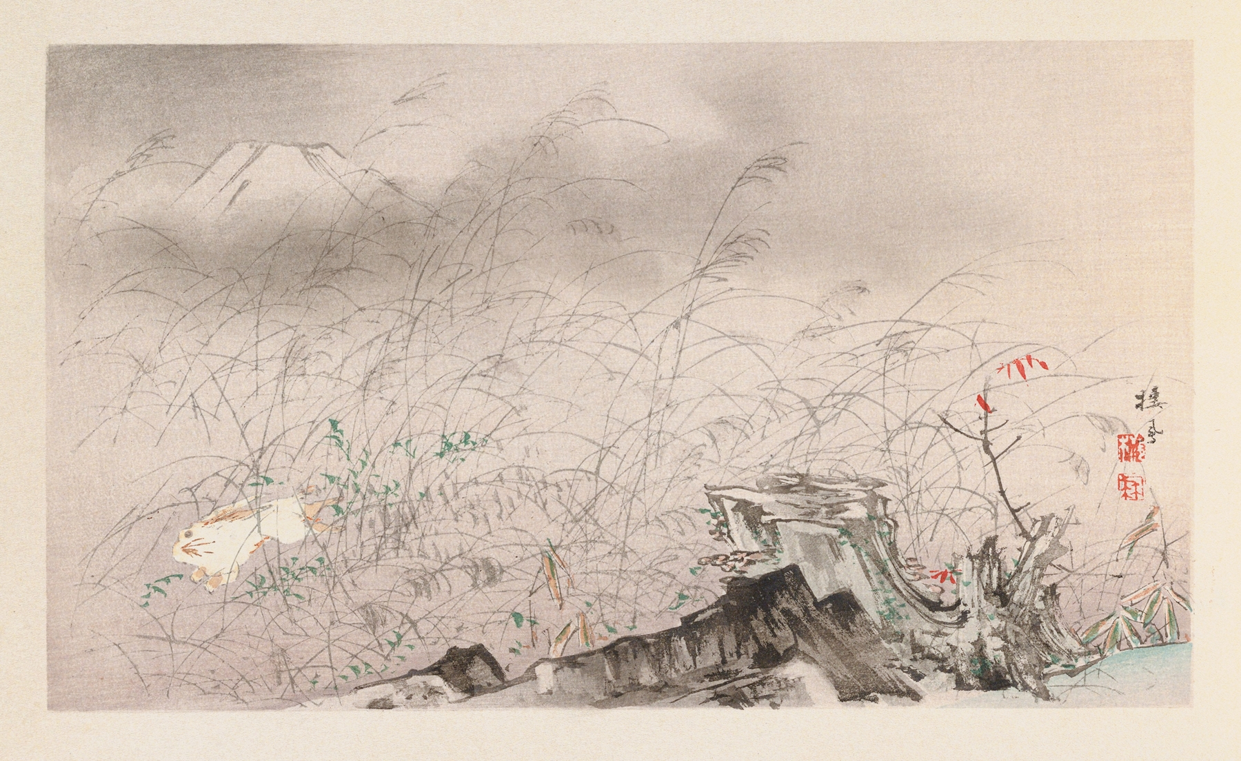 Ukiyo-e by Takeuchi Seihō depicting Mount Fuji with lush greenery at twilight