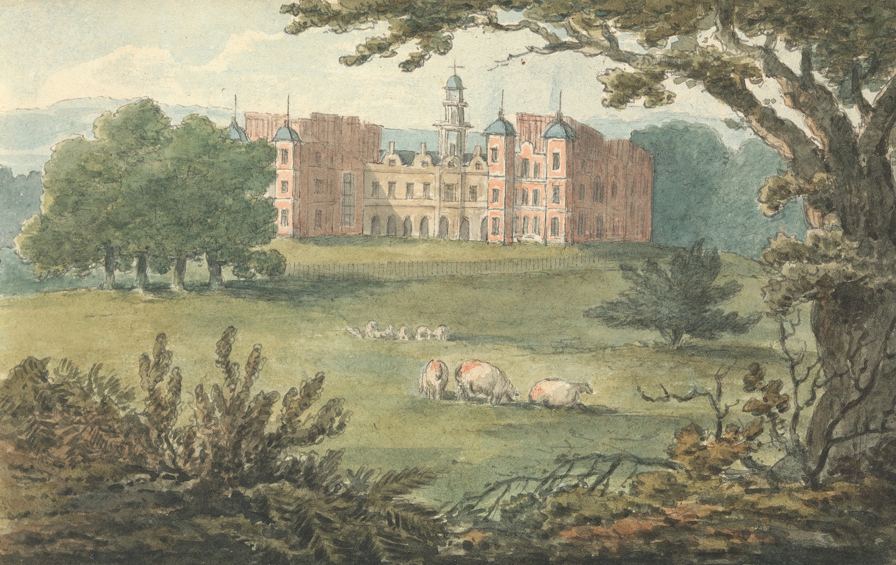 Hatfield House by Thomas Bradshaw, depicting a grand house and manicured gardens, oil painting