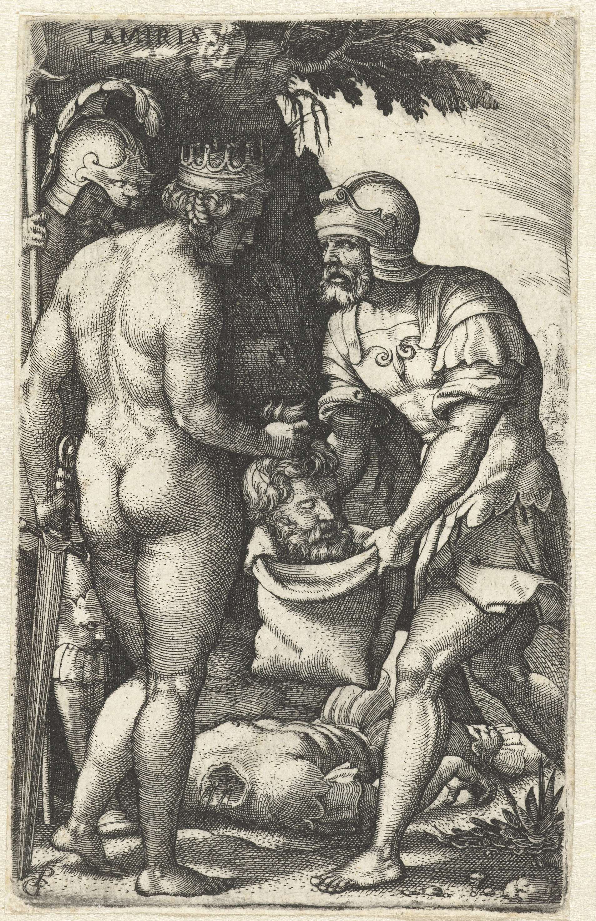 Engraving by Georg Pencz depicting Tomyris with Cyrus' head and a crown of blood