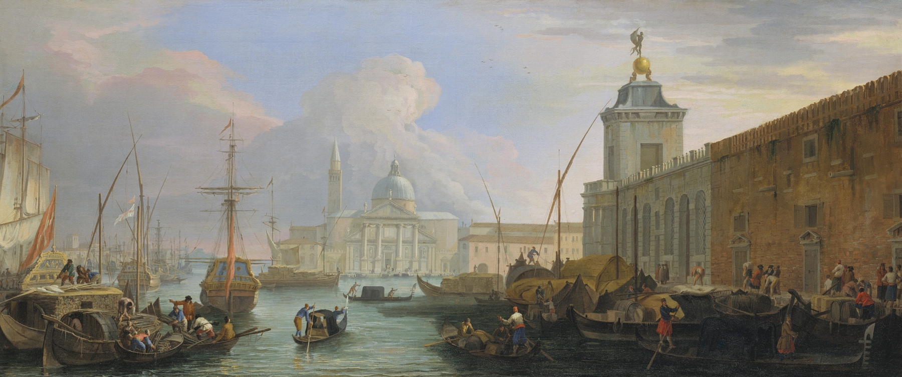 The Bacino, Venice, with the Dogana and a Distant View of the Isola di San Giorgio, by Luca Carlevarijs, public domain