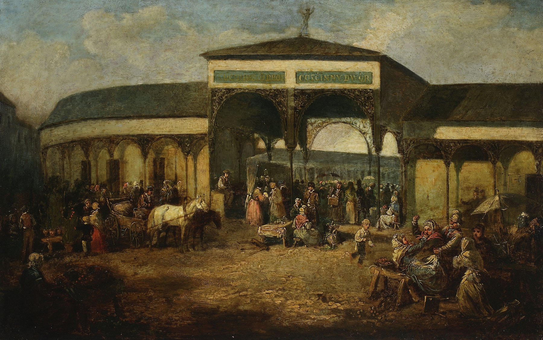 Iron-Gate Square by Henryk Pillati, oil on canvas depicting a wrought iron gate and a bustling square.