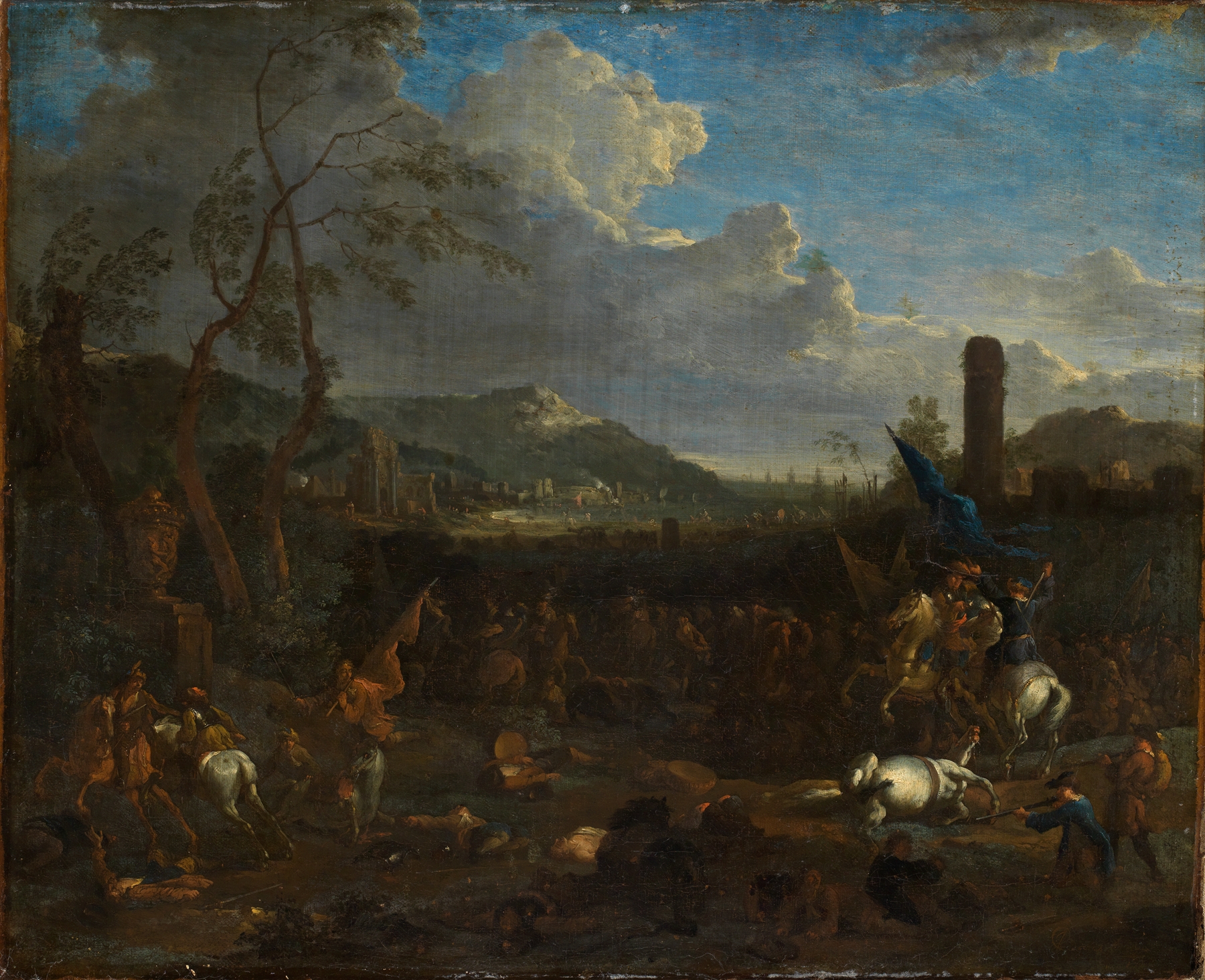 Gefecht an einer südlichen Meeresküste by Jasper Broers, oil on canvas depicting a stormy sea and battle