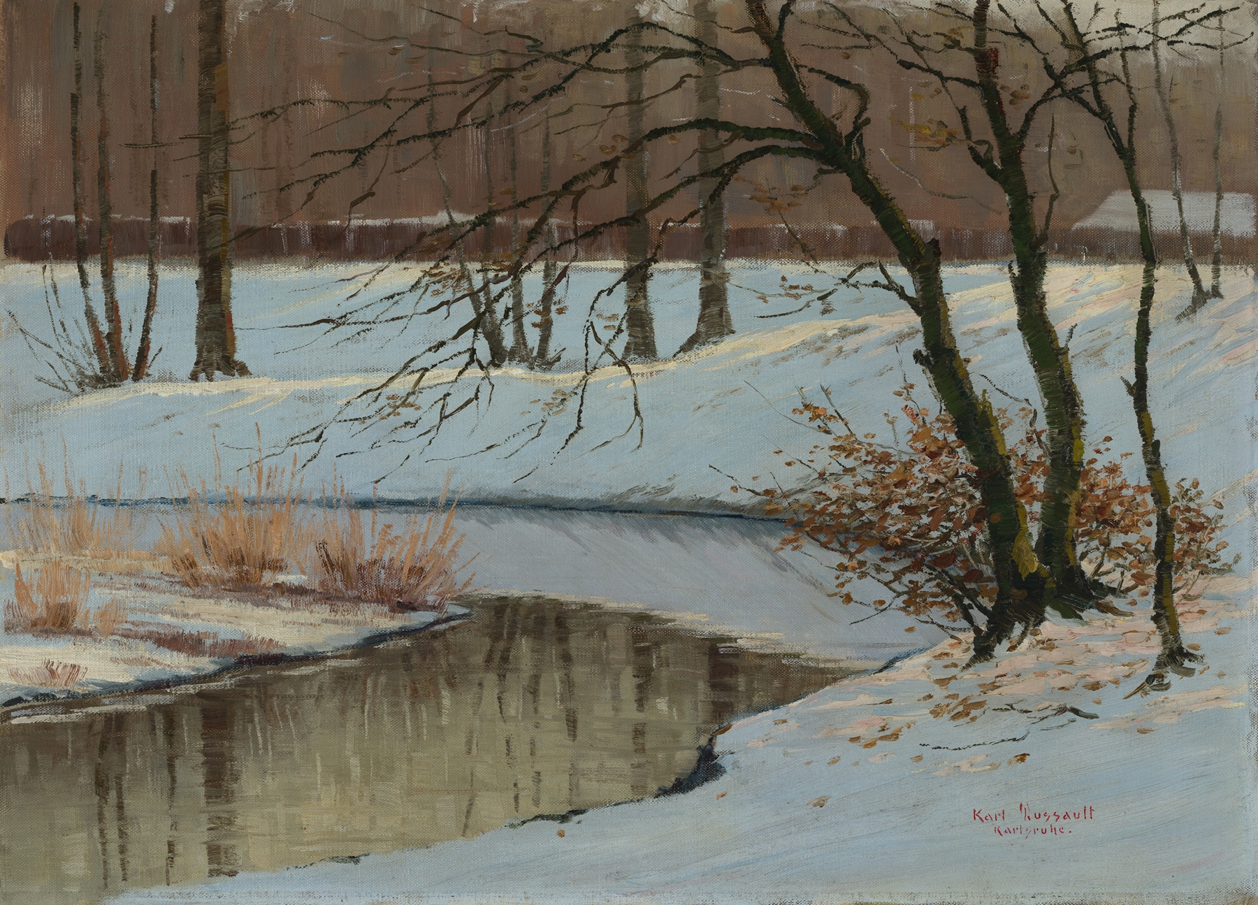 Winter landscape with sunlight and shadows, oil painting by Karl Dussault