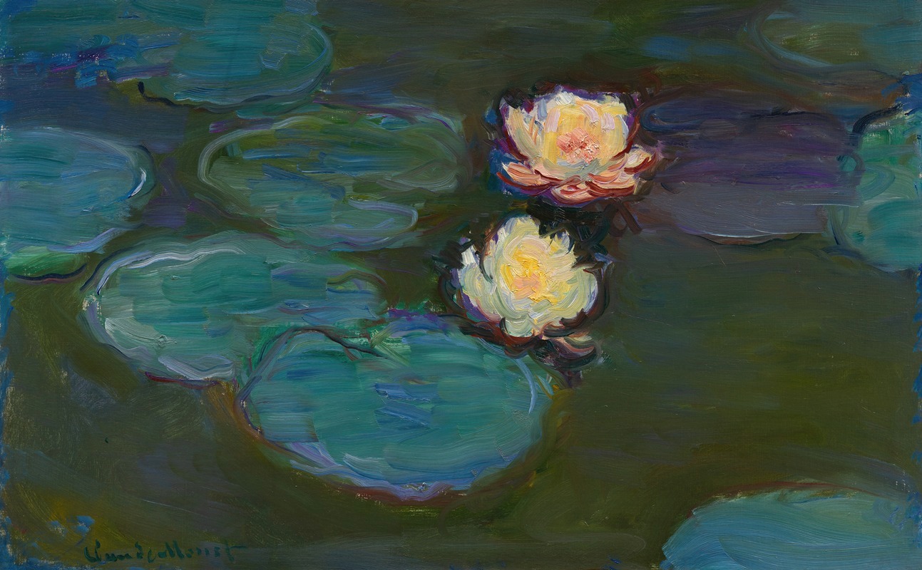 A serene depiction of water lilies reflecting light in a tranquil pond.