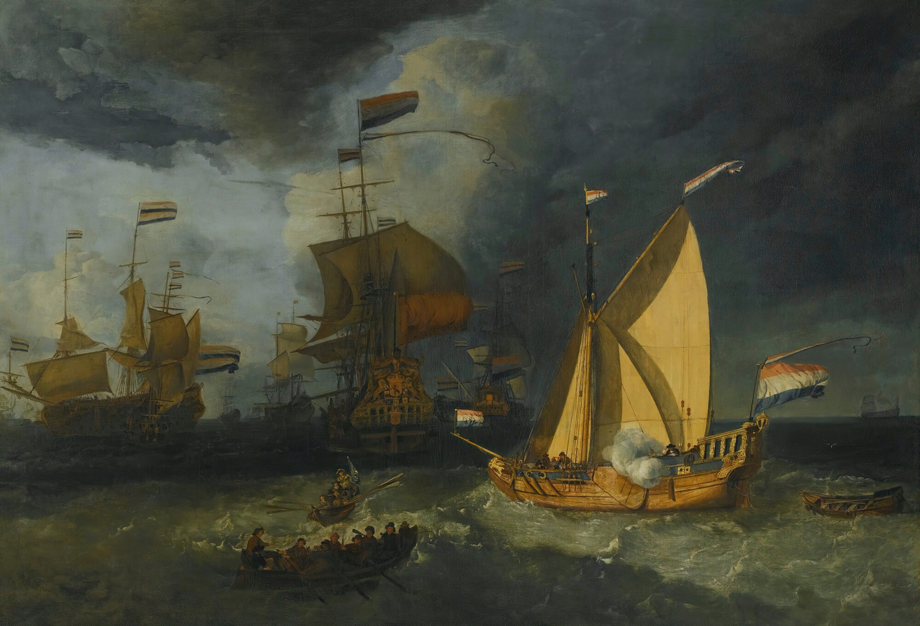 The Dutch Fleet At Sea, With A States Yacht Firing A Salute, by Follower of Ludolf Backhuysen, public domain
