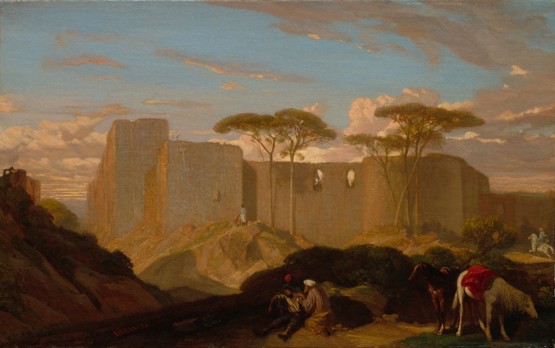 The Good Samaritan by Alexandre-Gabriel Decamps, oil painting of a Samaritan aiding a wounded traveler.