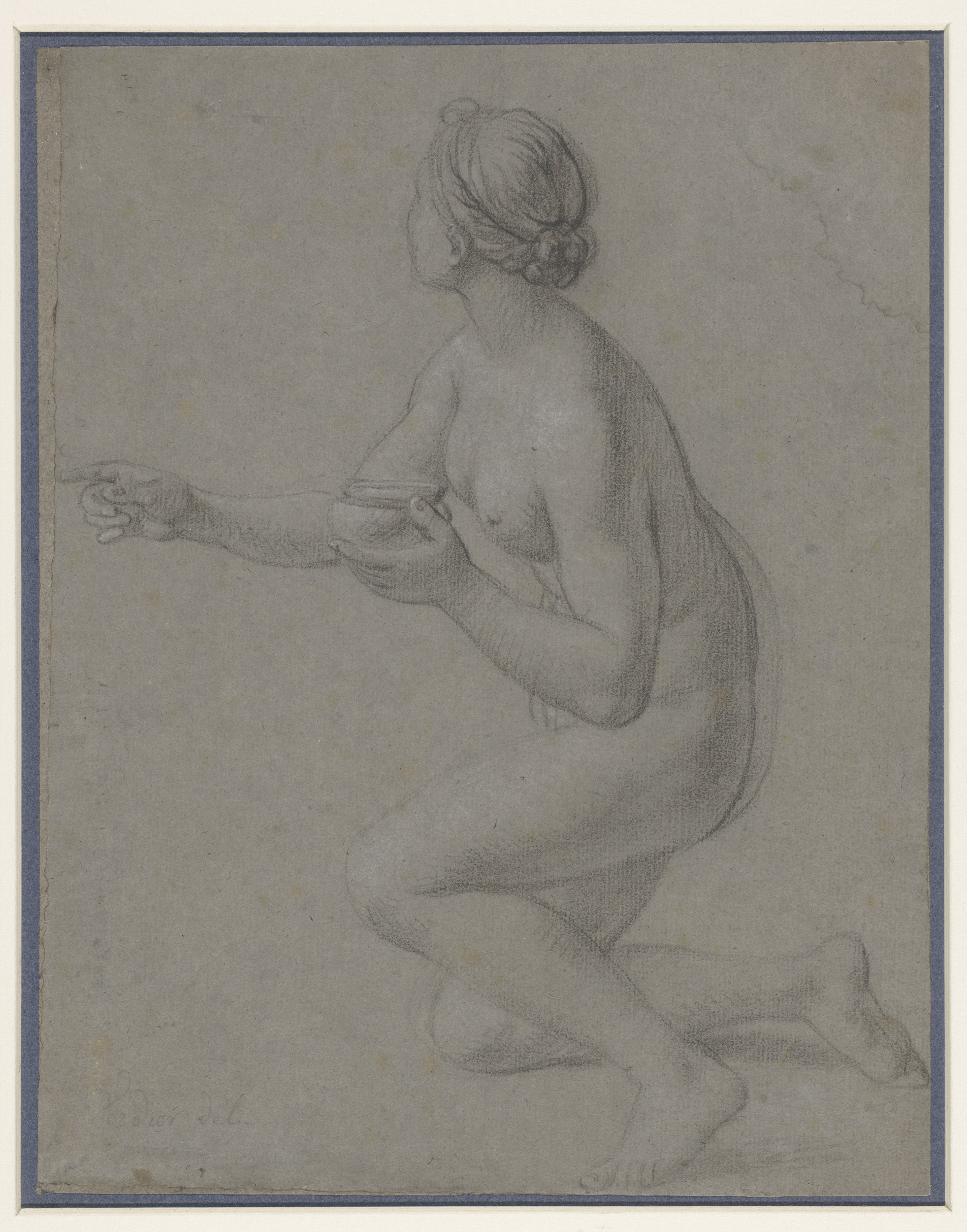 Figurative drawing of a kneeling nude girl illuminated by soft light by François Verdier