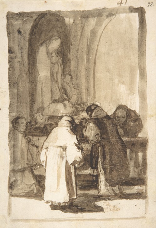 A depiction of figures inside a church by Francisco de Goya.