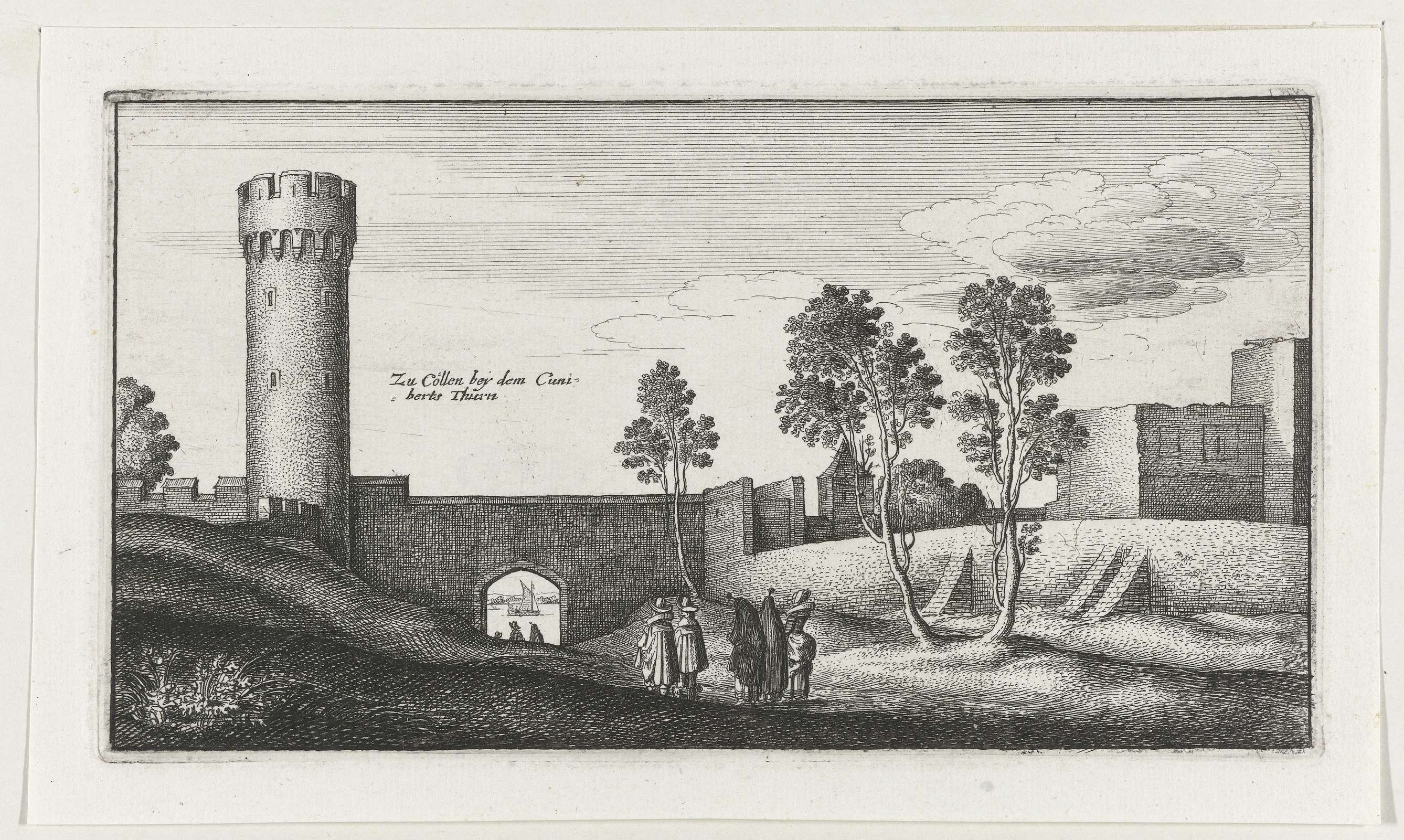 Landschap met gezicht op de stadsmuren bij Keulen, etching by Wenceslaus Hollar showing hills and cityscape.