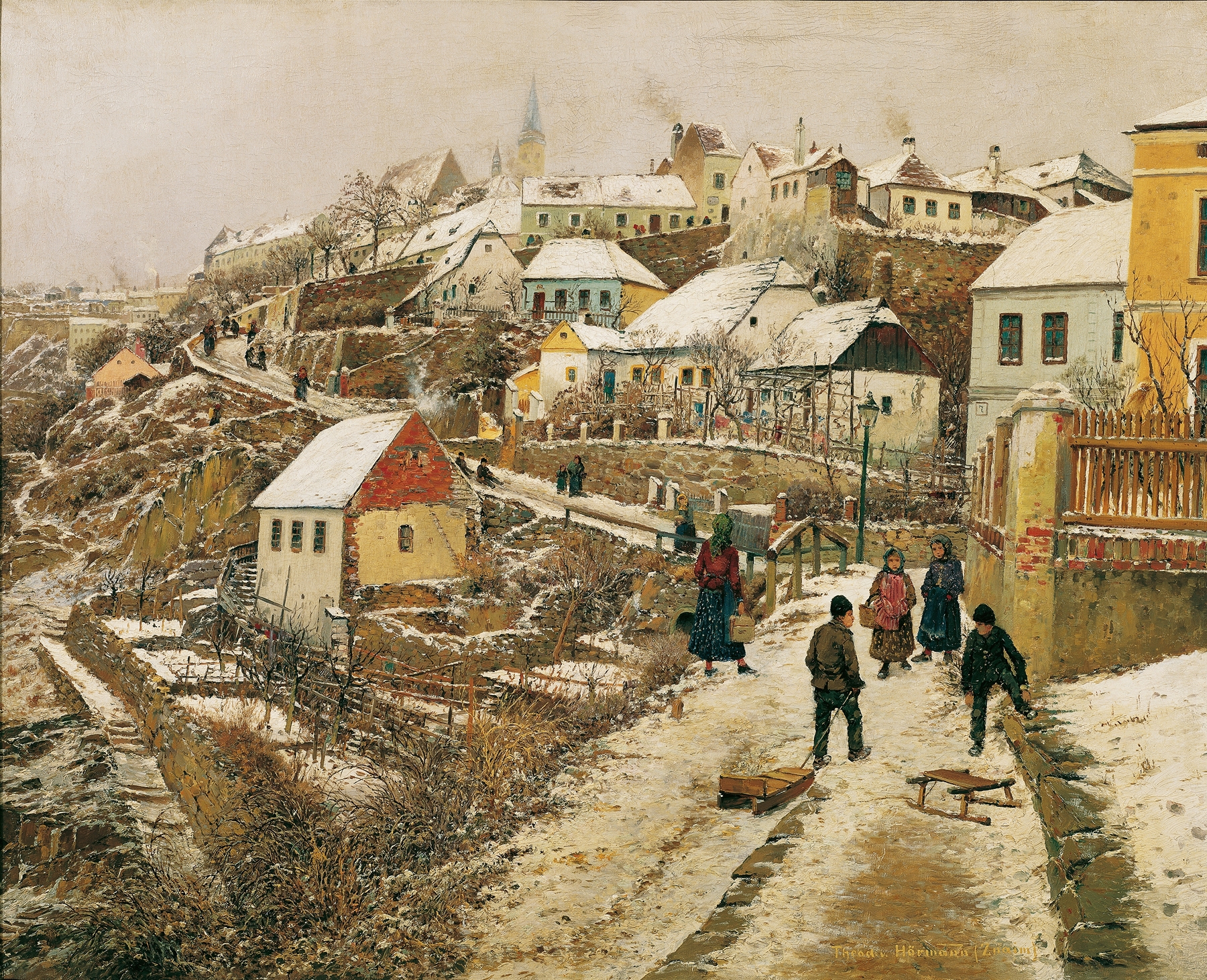 Snow-covered landscape in Znaim Im Schnee Ii, oil on canvas by Theodor Von Hörmann