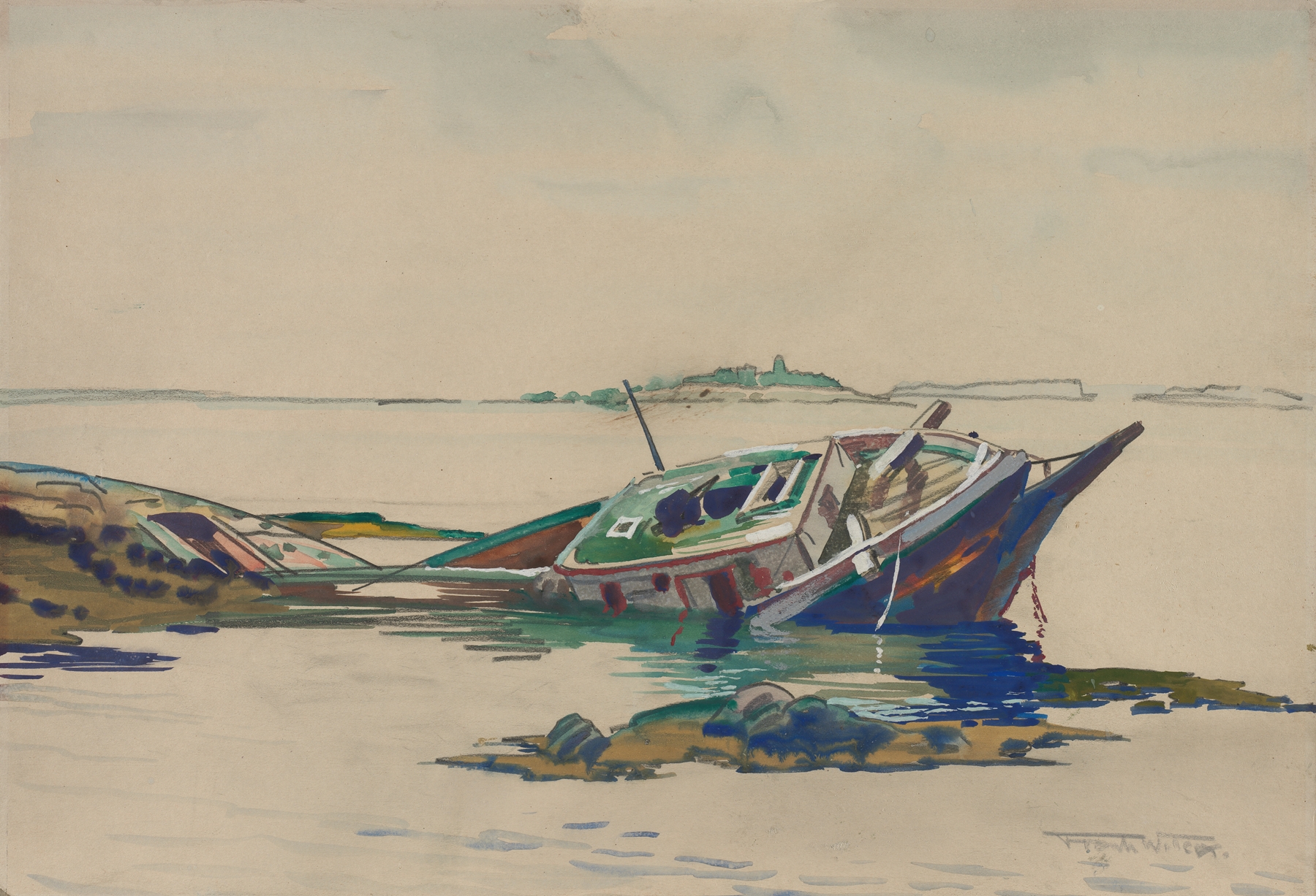 Oil painting by Frank Wilcox depicting a shipwreck with muted blues and ochre.
