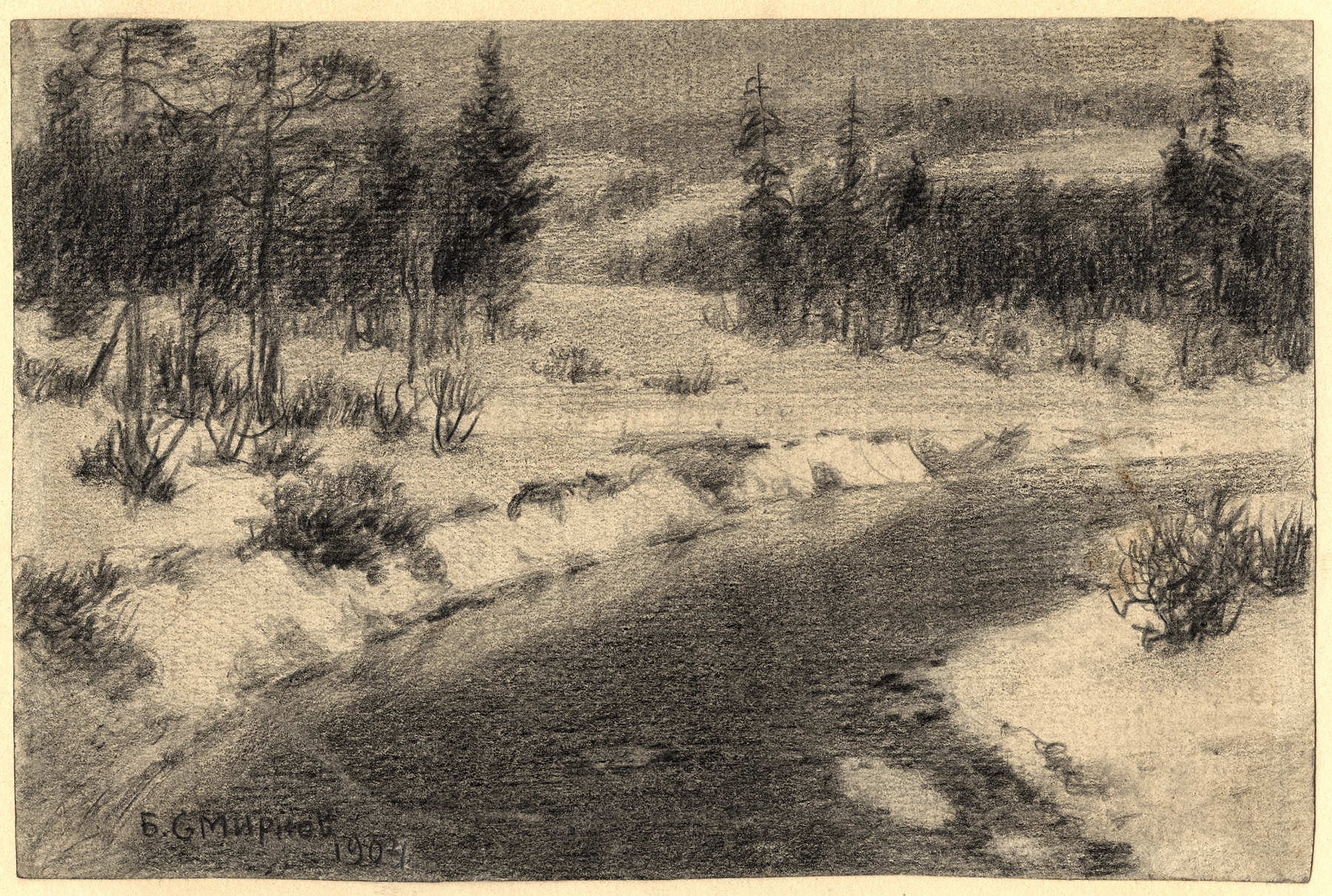 Taiga in the Krasnoyarsk Region by Boris Vasilievich Smirnov, oil painting depicting a dense forest.