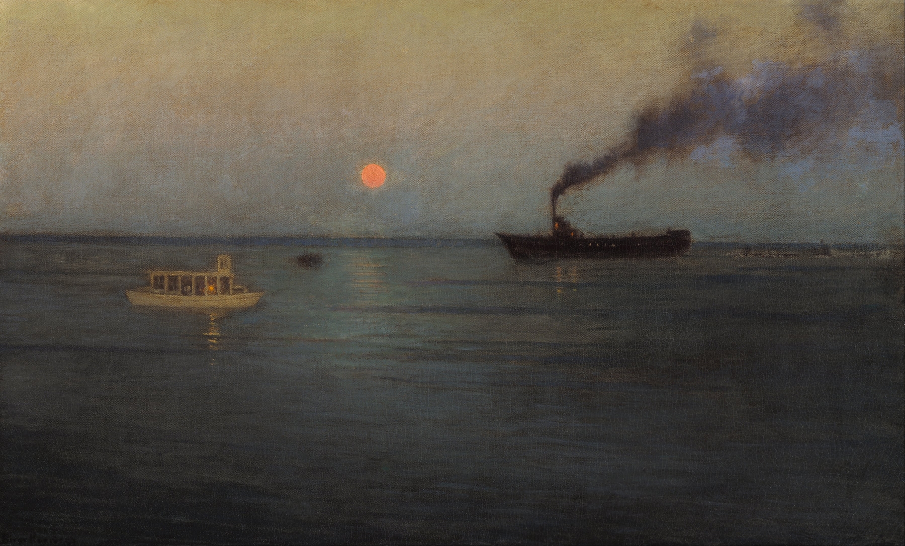 Oil painting by Birge Harrison depicting a moonlit harbor at twilight.