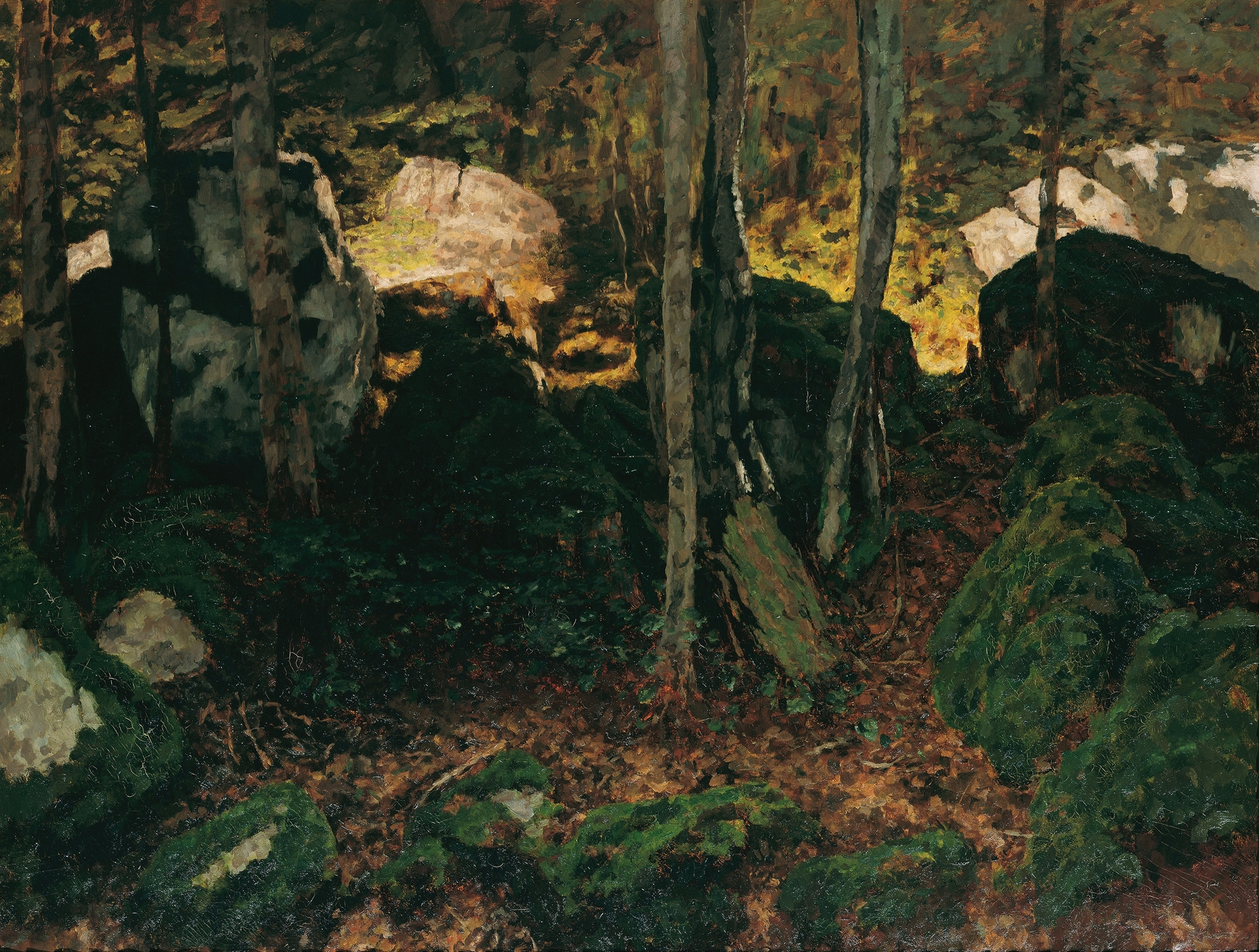 Waldinneres bei Saut du Doubs, oil on canvas by Carl Schuch, depicting a serene forest scene.