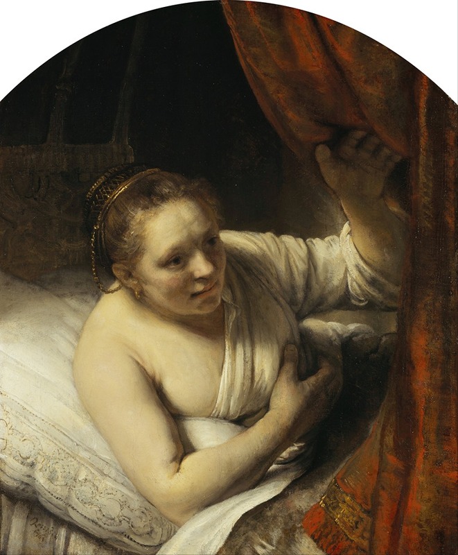 A Woman in Bed by Rembrandt depicts a serene scene of a woman resting.