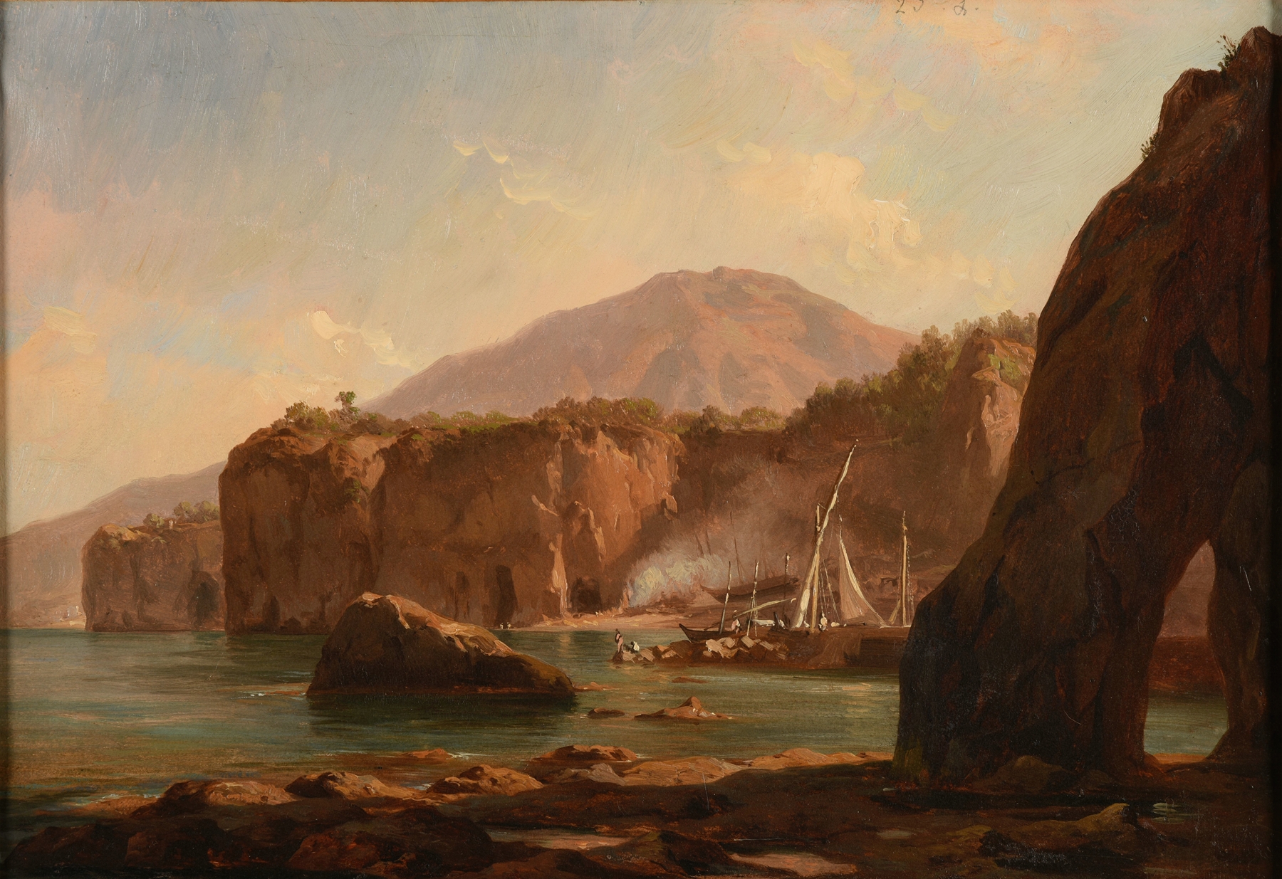 Landscape depicting eroded cliffs and sea at sunset by Jacques-Raymond Brascassat, oil painting