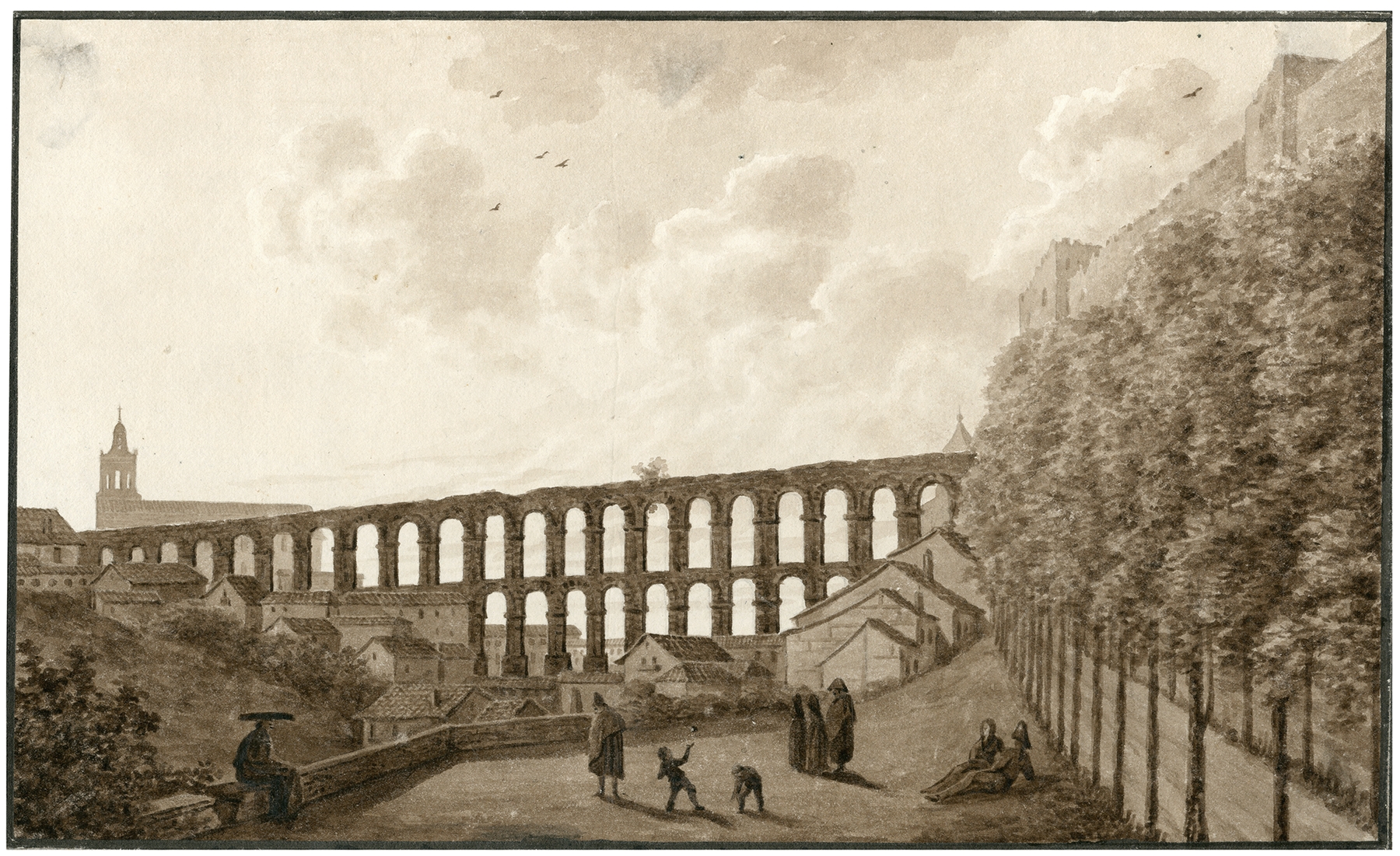 Gezicht op Segovia met het aquaduct by Otto Howen, depicting an aqueduct in a landscape.