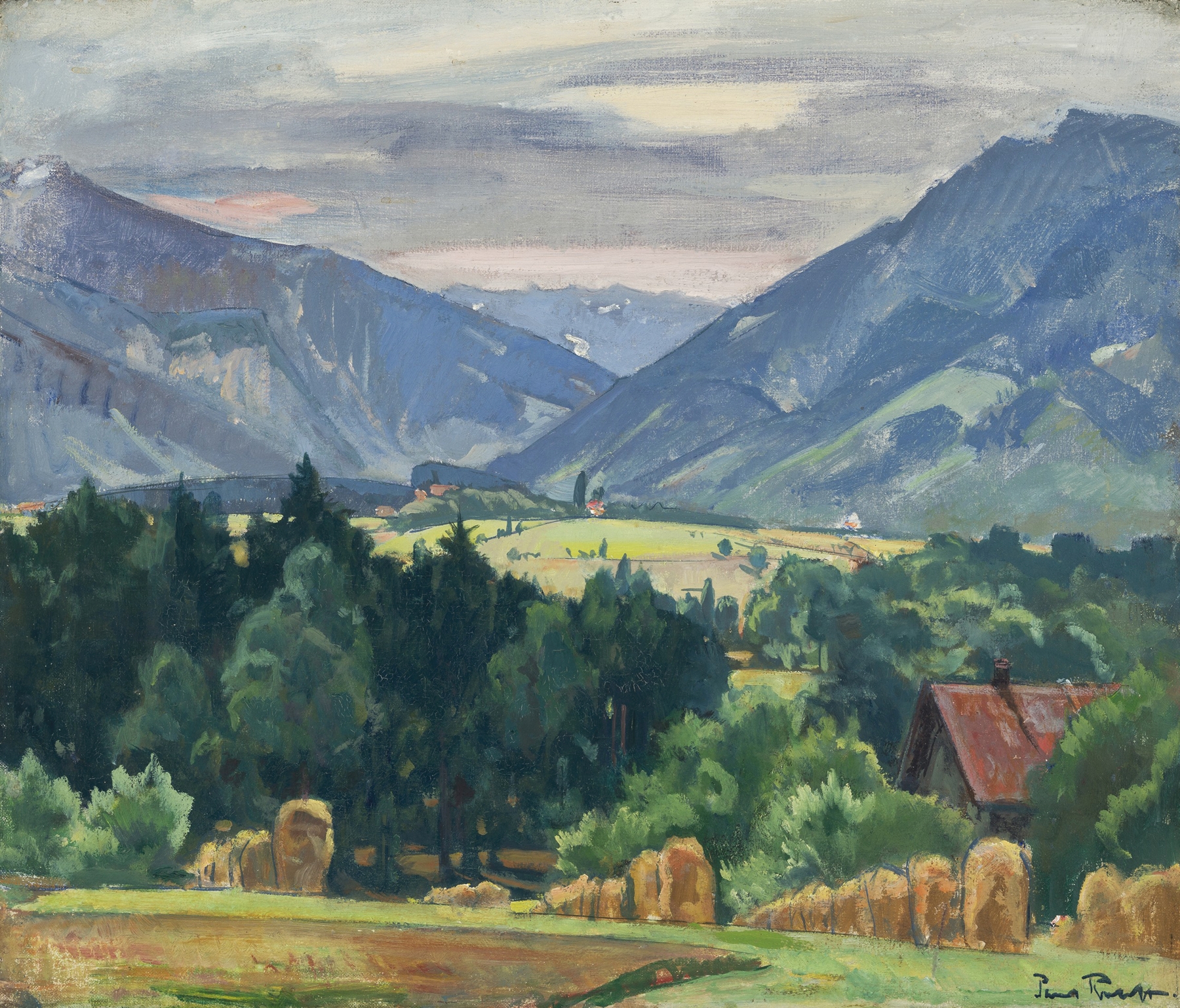 Blick ins Aschauer Tal, oil on canvas by Paul Roloff, depicting serene hills and sky.