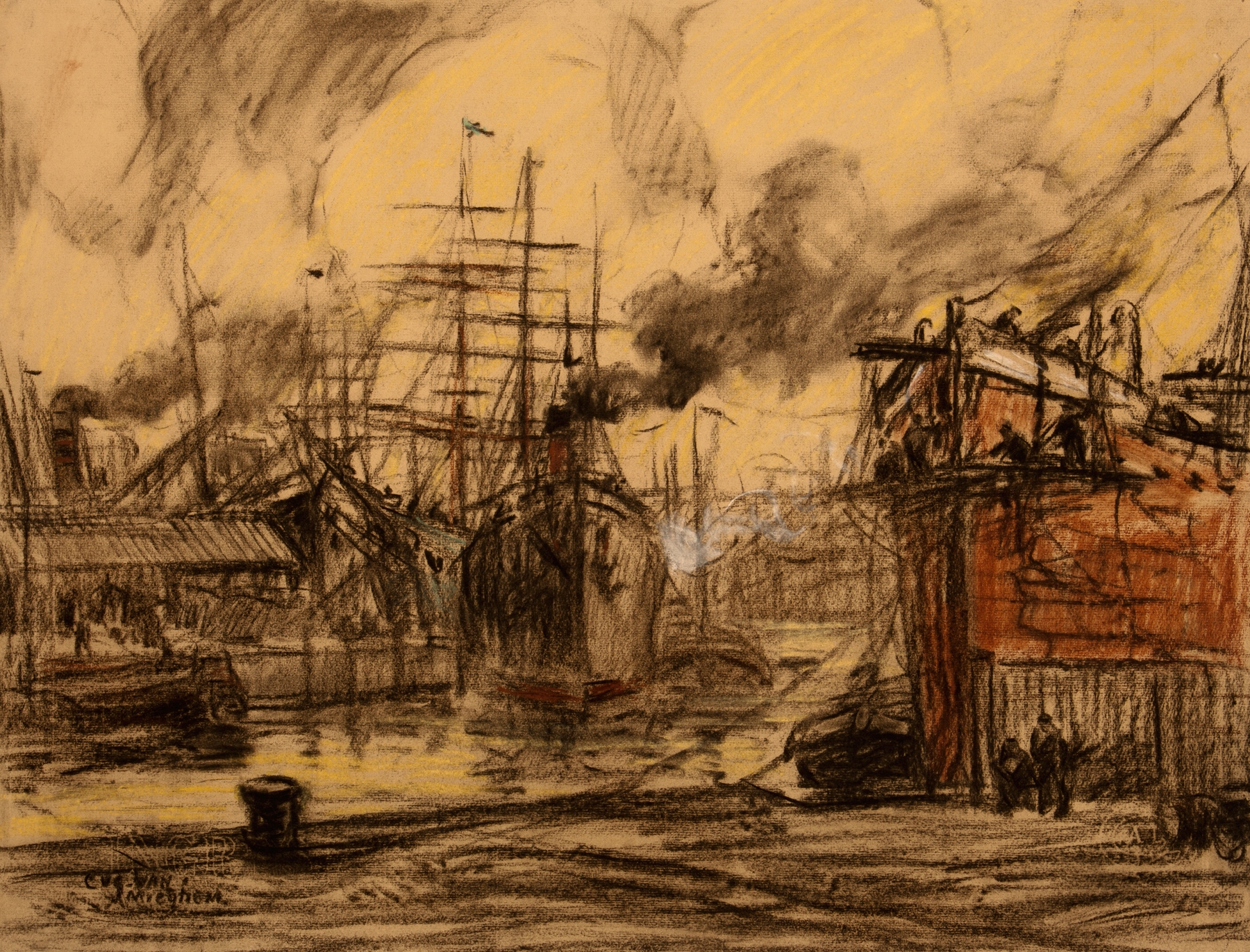 Stoomboten en driemasters in het dok, by Eugeen Van Mieghem, public domain