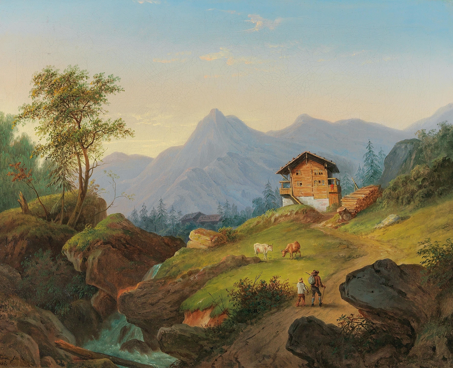 Landscape with mountains and 19th century wanderers, oil painting by Matthias Rudolf Toma