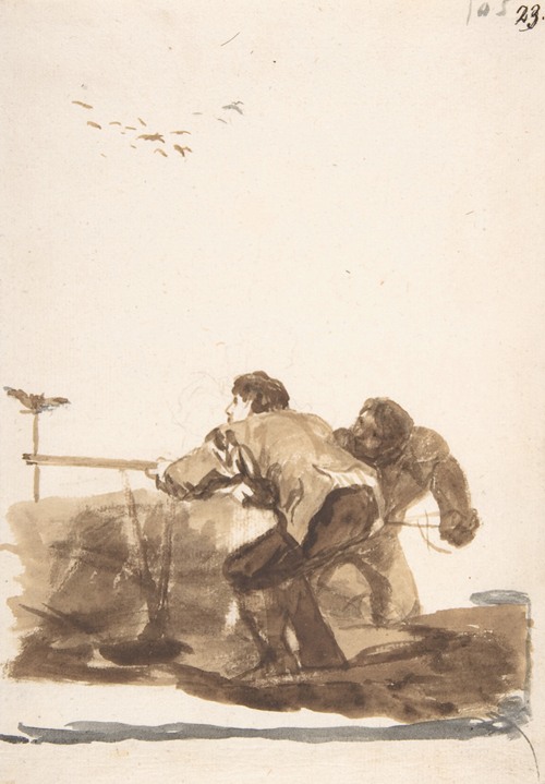 A depiction of men hunting birds with a decoy, showcasing Goya's interest in nature and human activity.