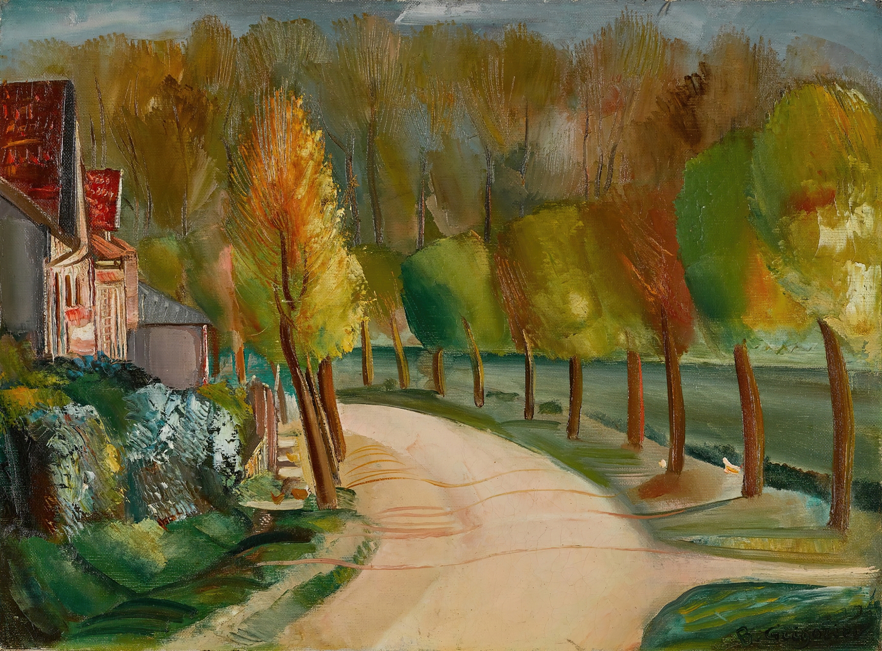 Riverside by Boris Grigoriev, oil on canvas depicting a tranquil river landscape.