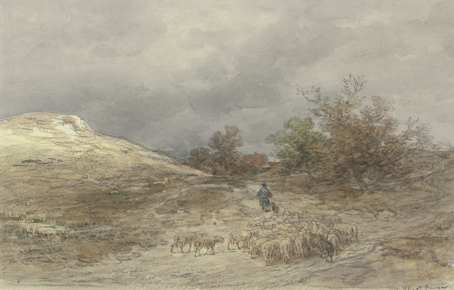 Landscape with sheep on a path, oil on canvas by Anton Burger
